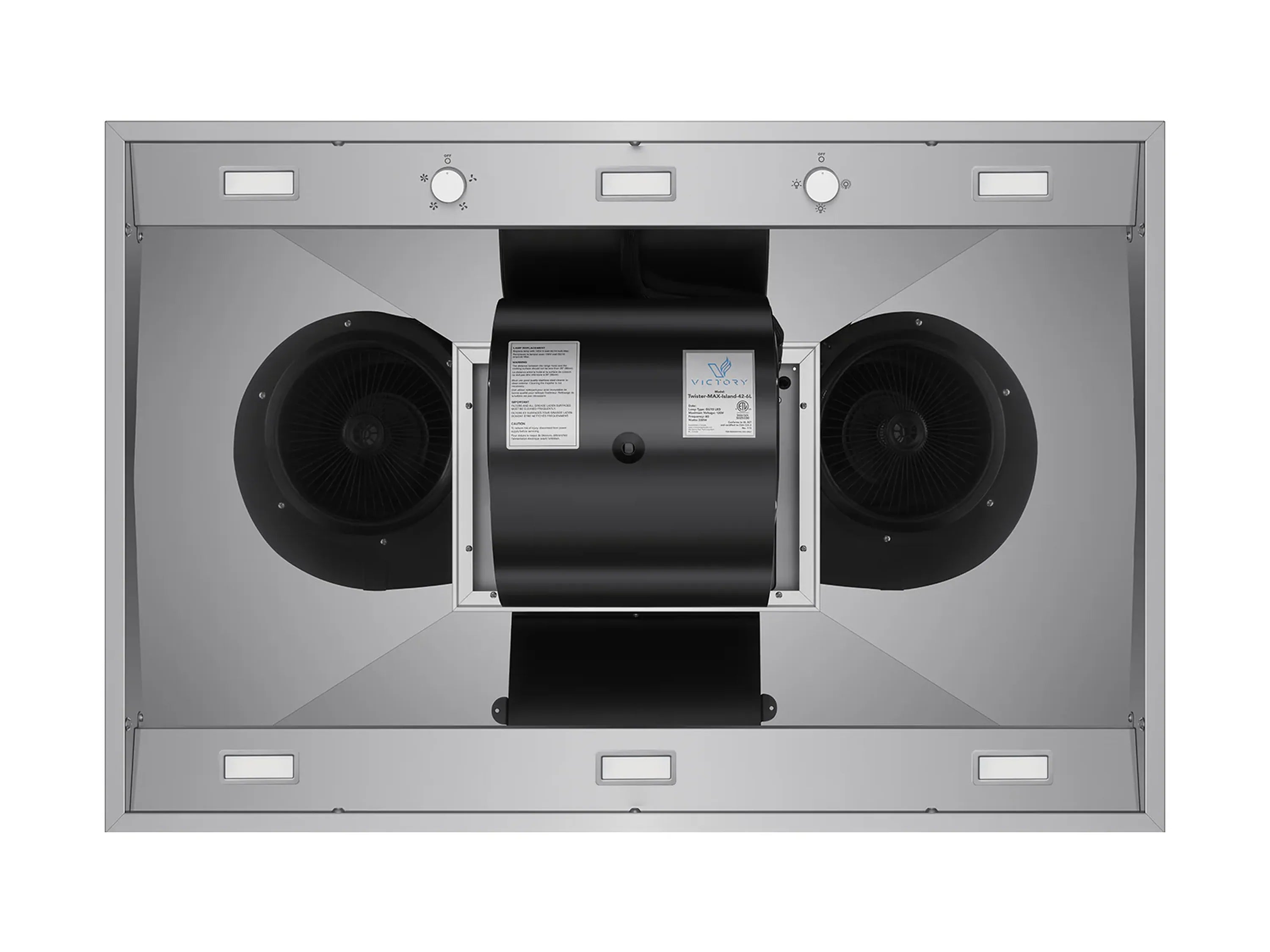 Range hood with dual side fan openings and central motor housing inside the canopy