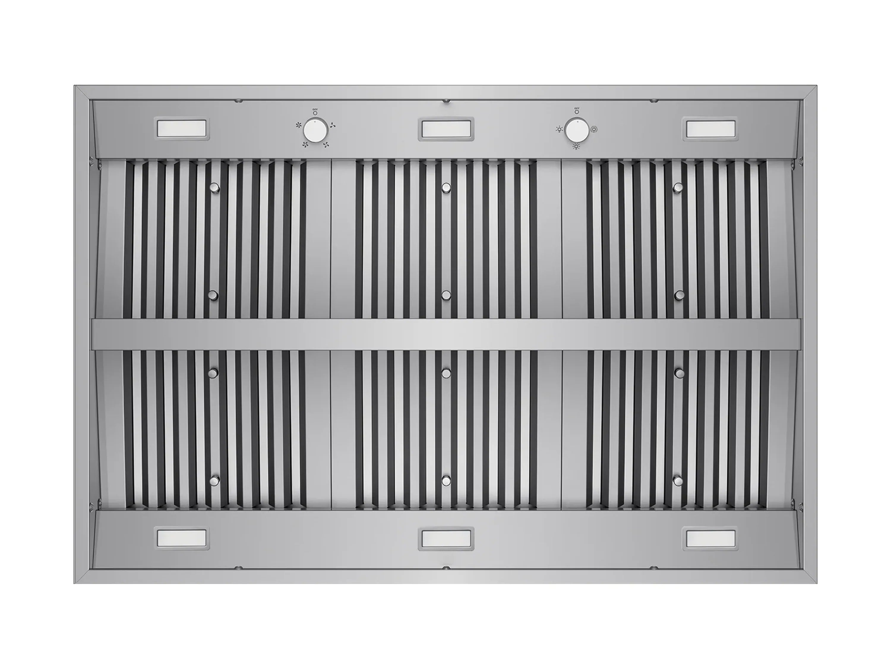 Range hood interior view with two rows of stainless baffle filters