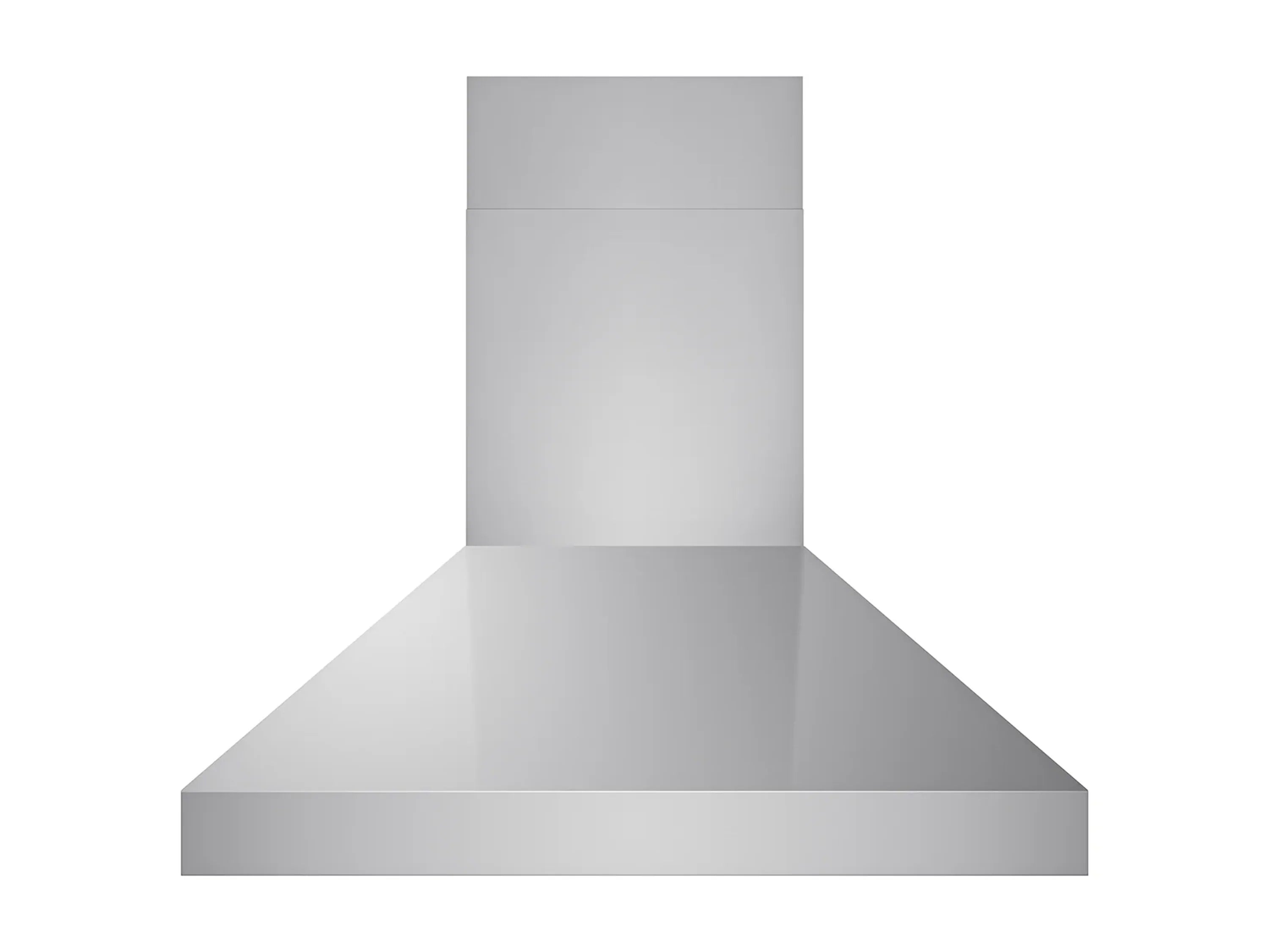 Stainless steel island range hood with tall chimney-style canopy