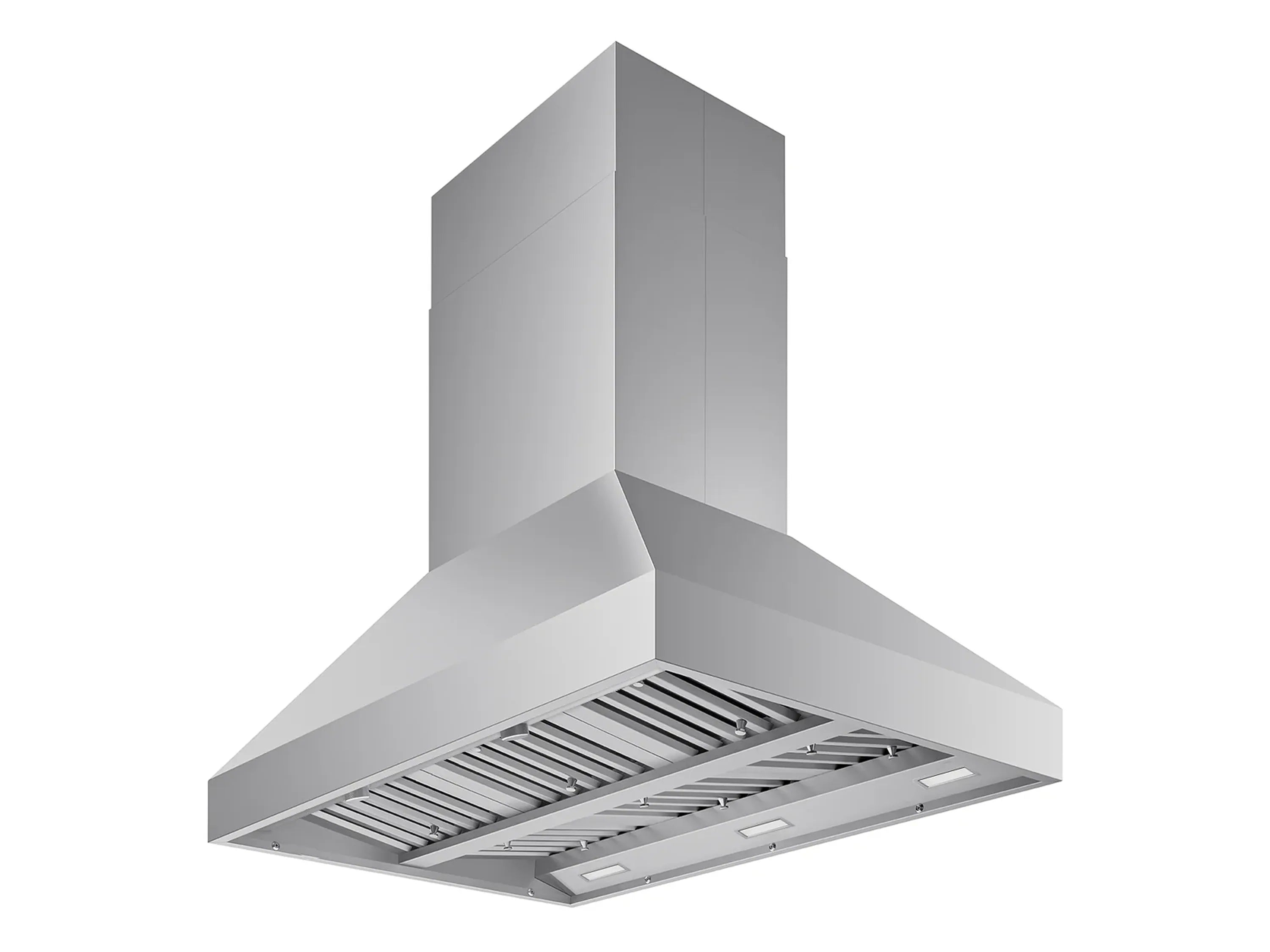 Stainless steel island range hood canopy with open duct area and slatted baffle grate