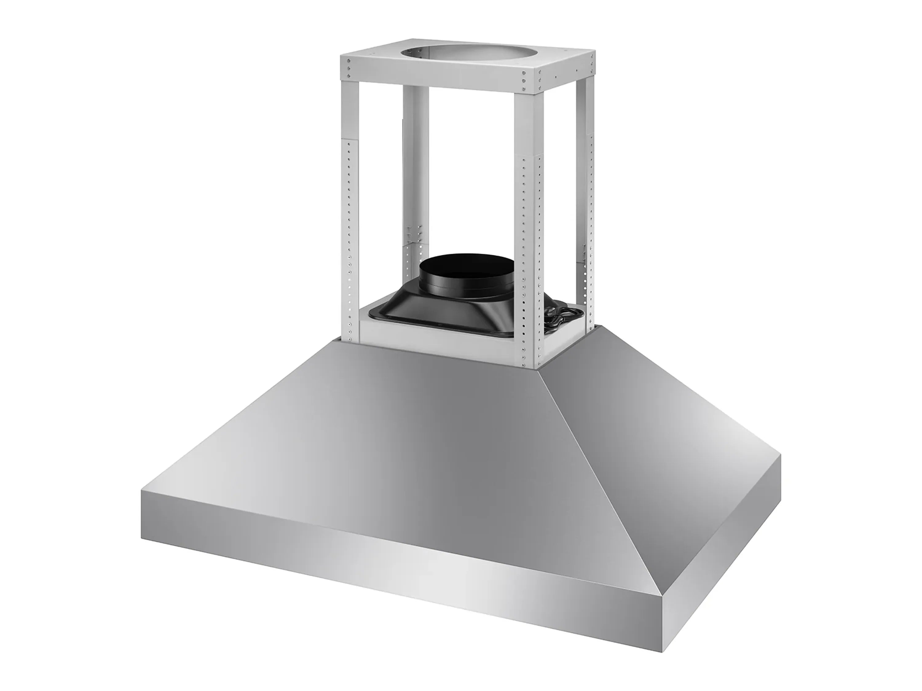 Stainless steel chimney-style range hood with top outlet and removable inner vent