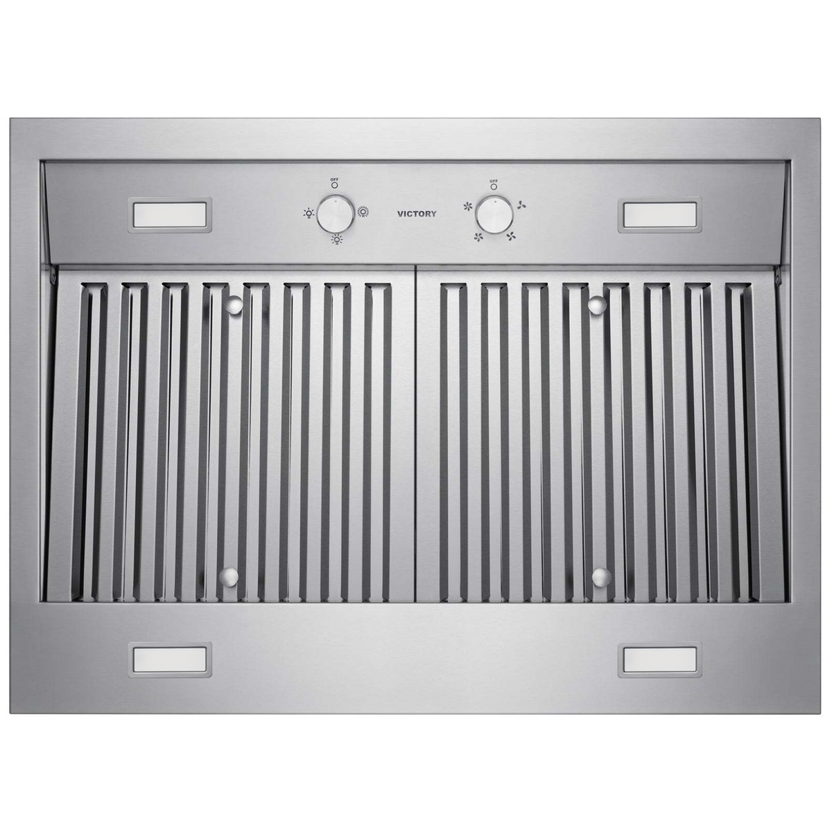 Stainless steel range hood front with vent grille and two control knobs