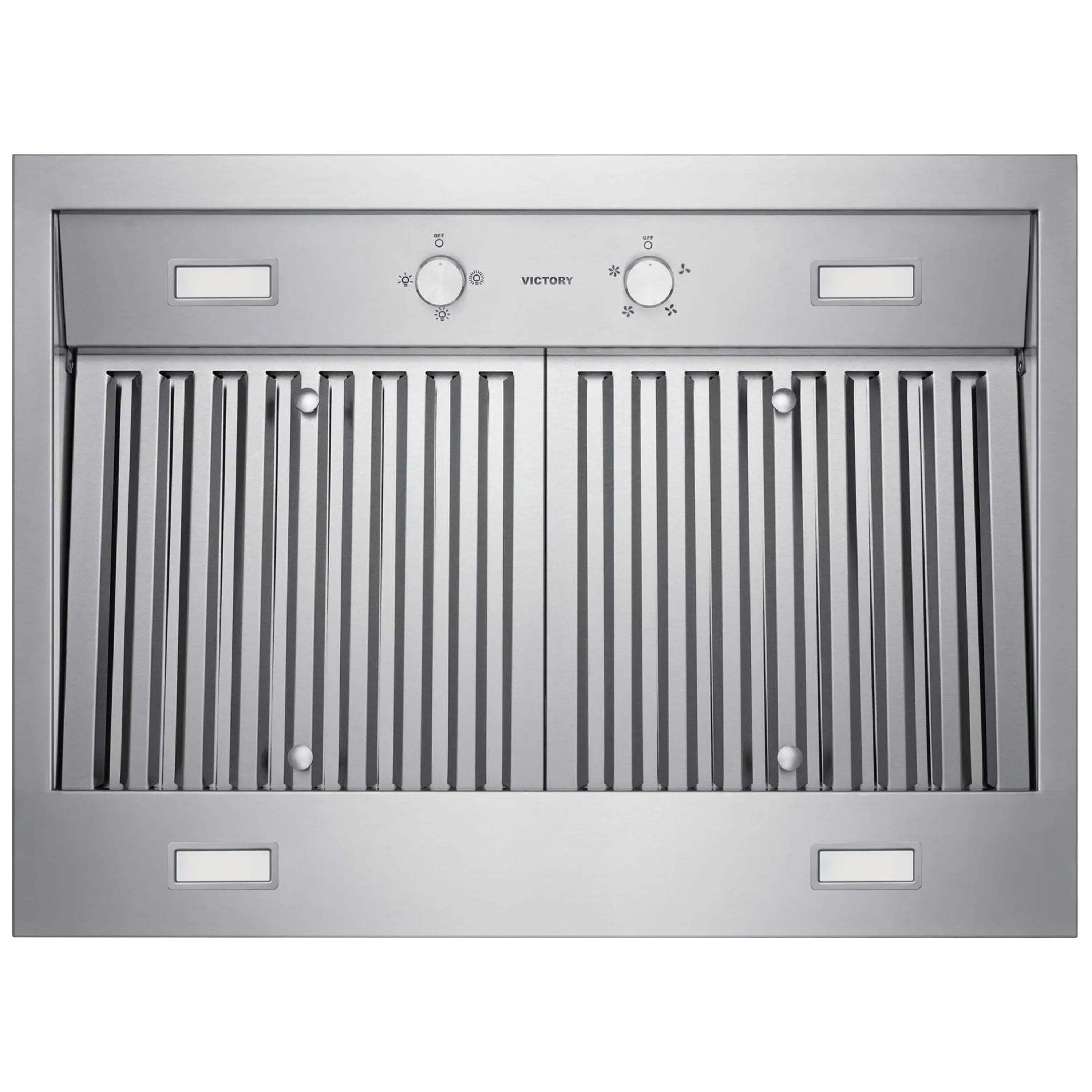 Stainless wall-mount range hood underside with vent baffle filters and two control knobs