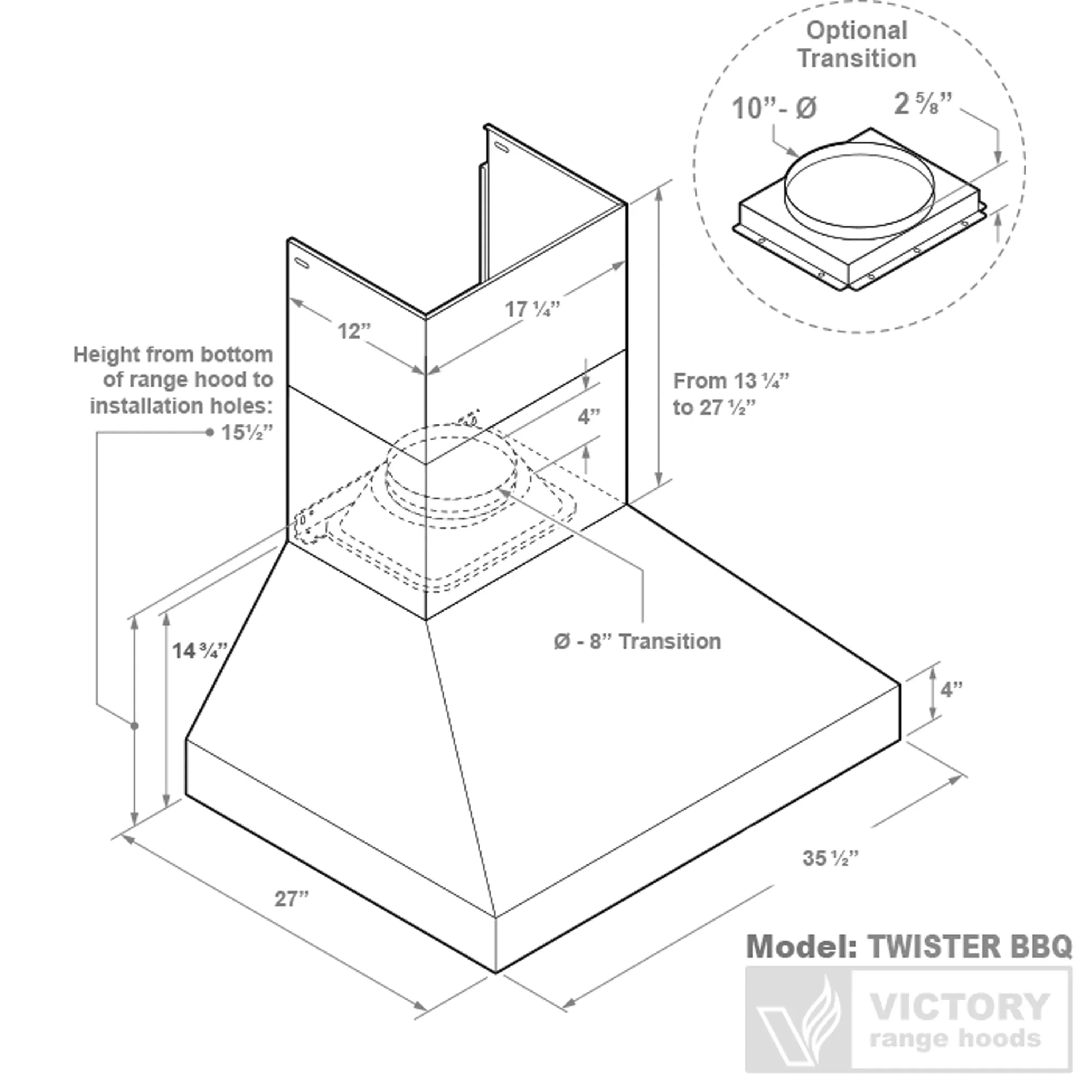 Outdoor range hood installation diagram showing hood dimensions and duct transition sizes