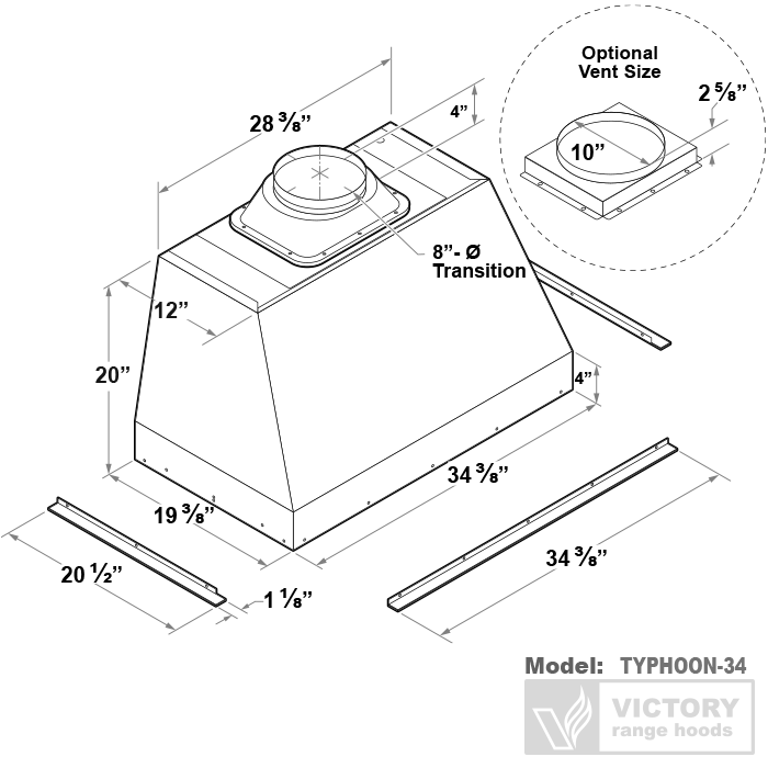 Range hood insert dimension diagram showing model TYPHOON-34, optional vent size
