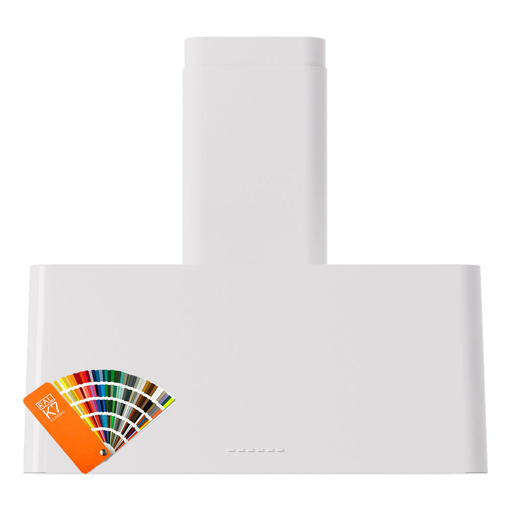 Wall-mounted range hood with tall chimney, light gray finish
