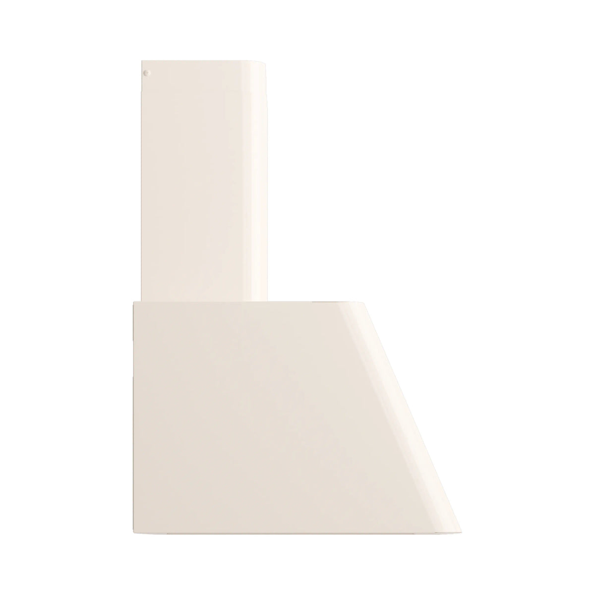 Wall-mounted range hood chimney and sloped underside in antique white