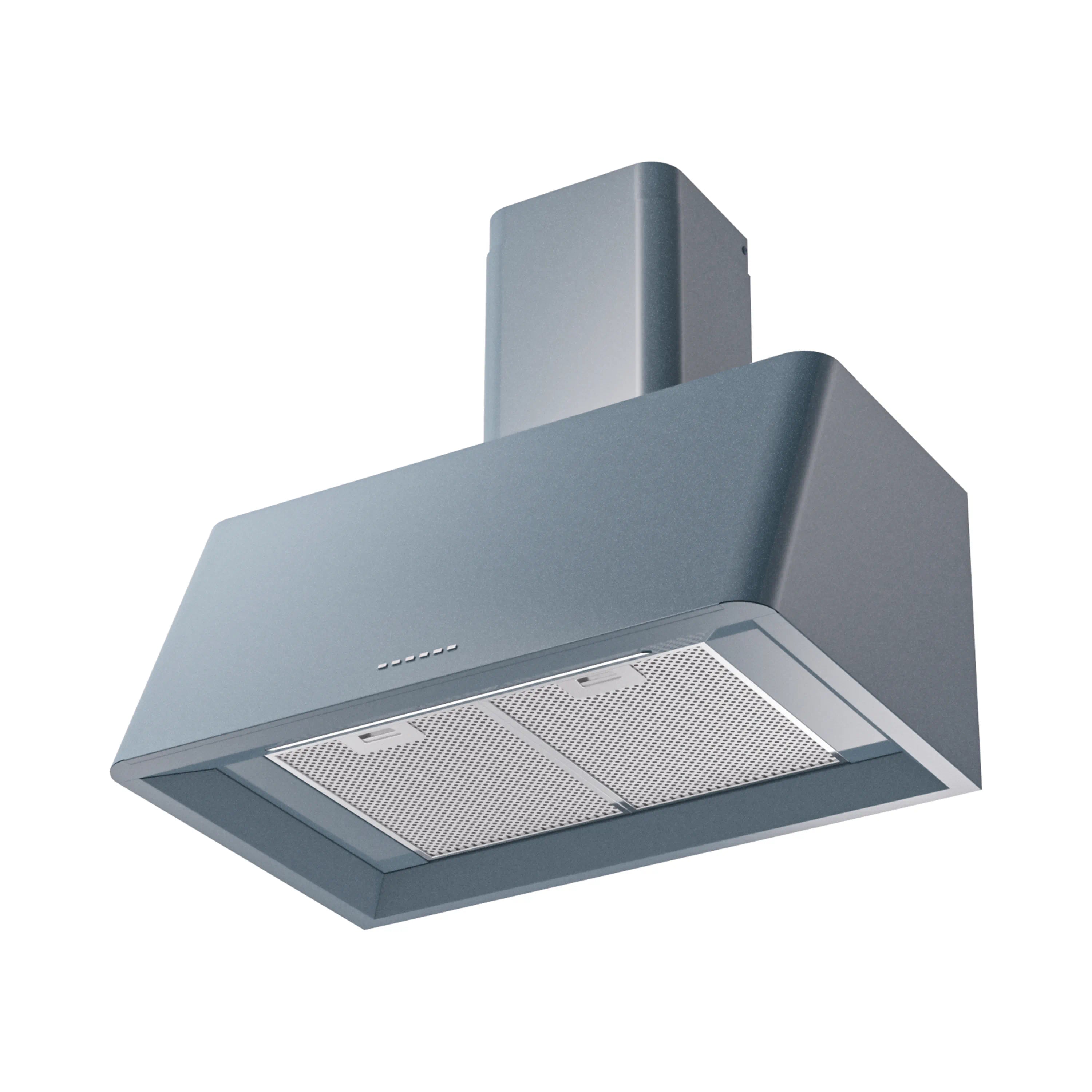 Blue grey wall-mounted range hood with baffle filters and arched chimney