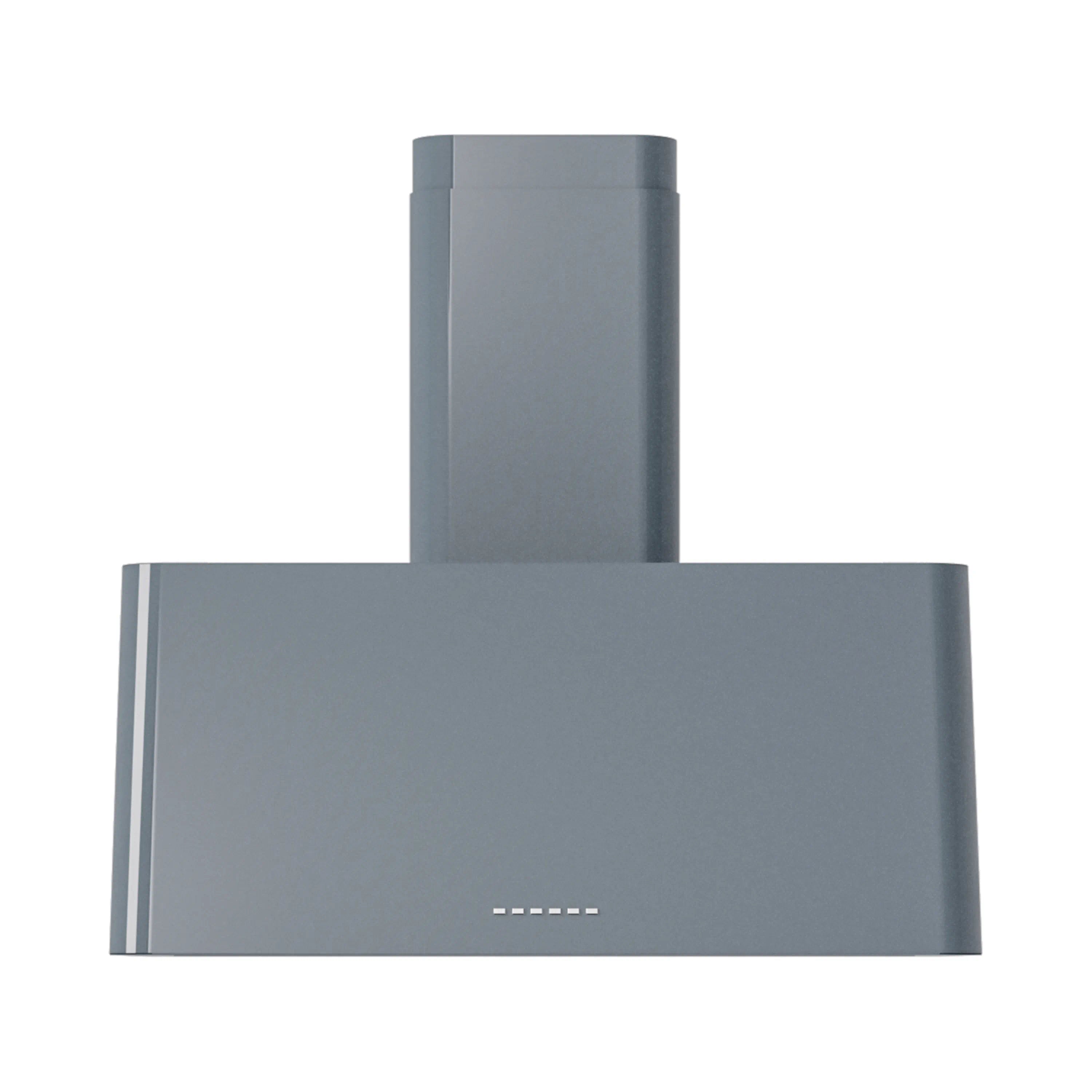 Blue grey wall-mounted range hood chimney and front panel, side view