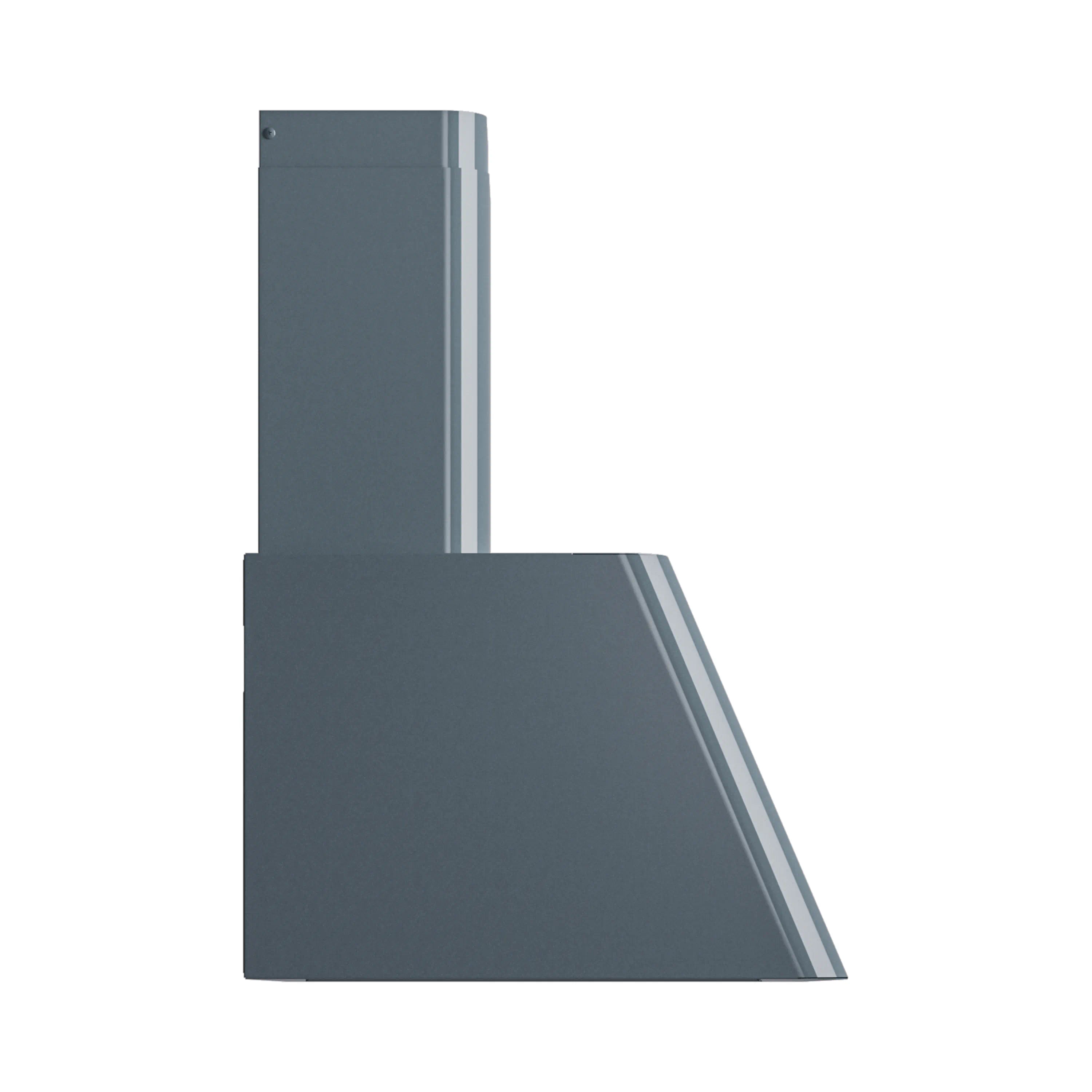 Blue grey wall-mounted range hood angled underside and chimney detail