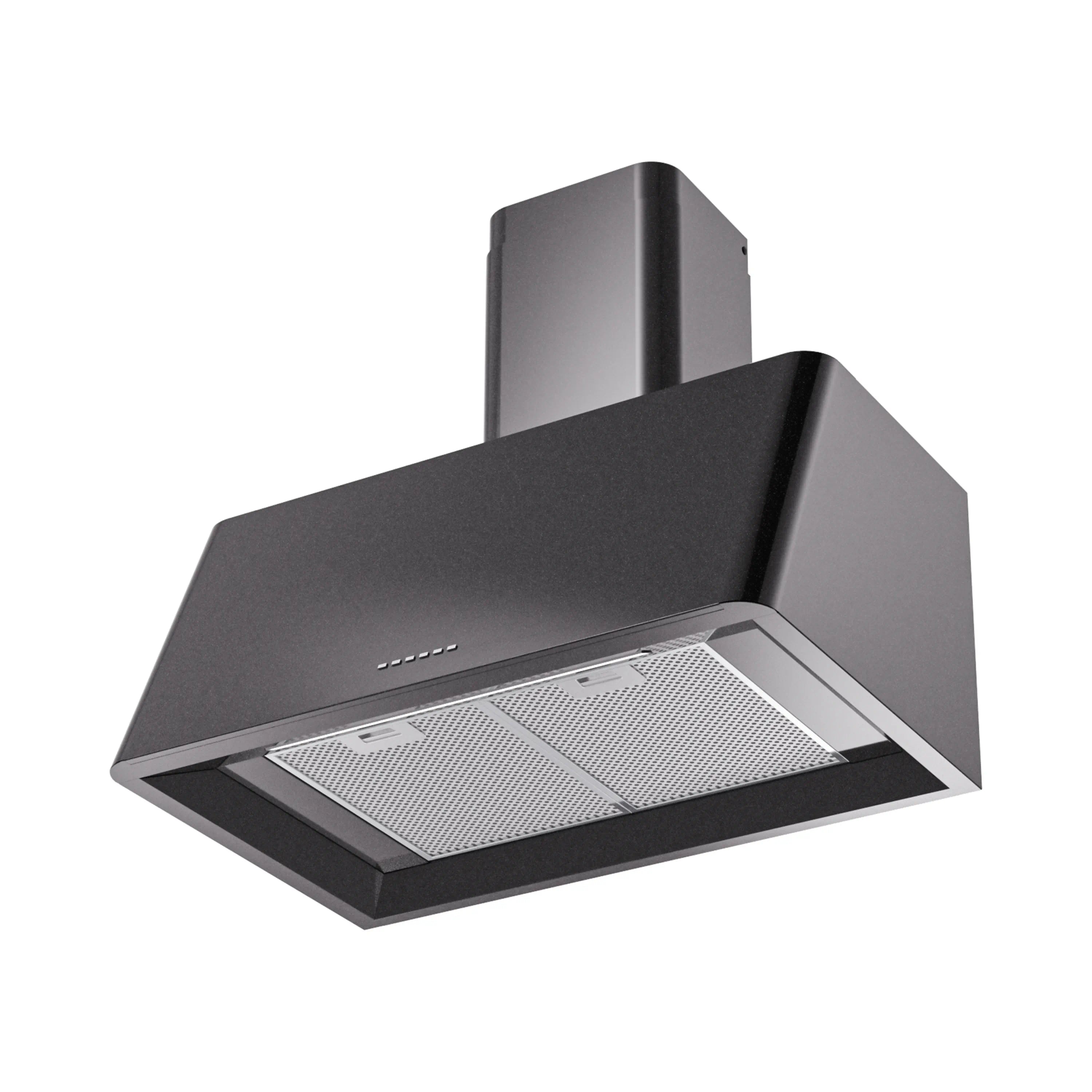 Glossy black wall-mounted range hood with stainless baffle filter and vented panel