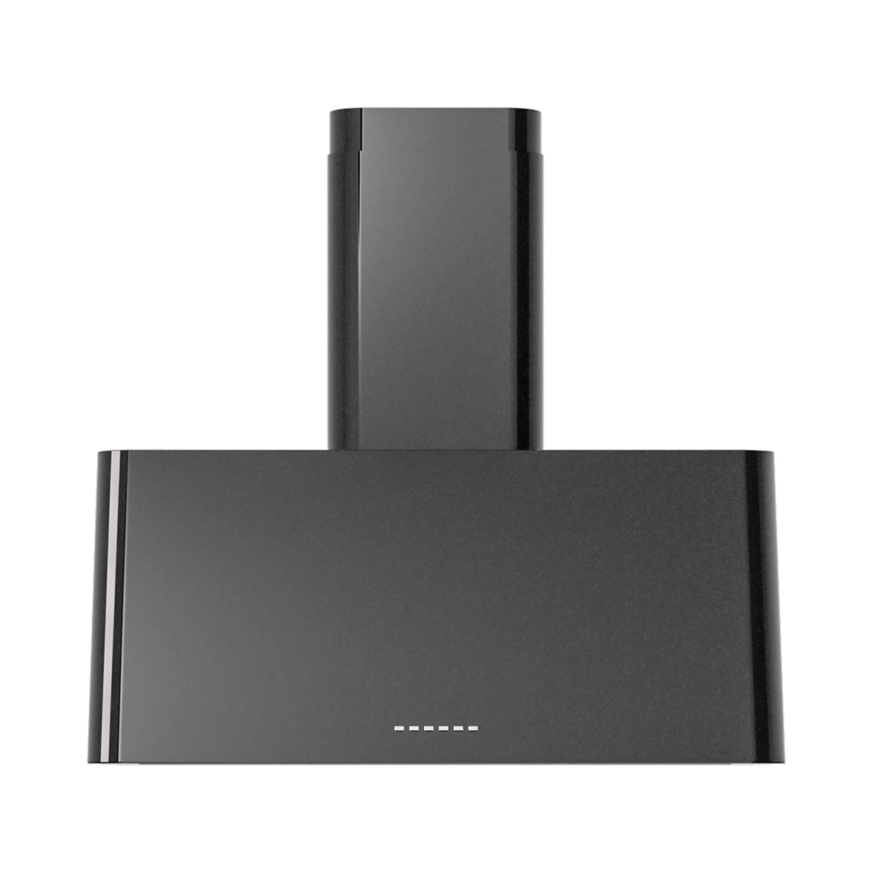 Glossy black wall-mounted range hood with round chimney and front control panel