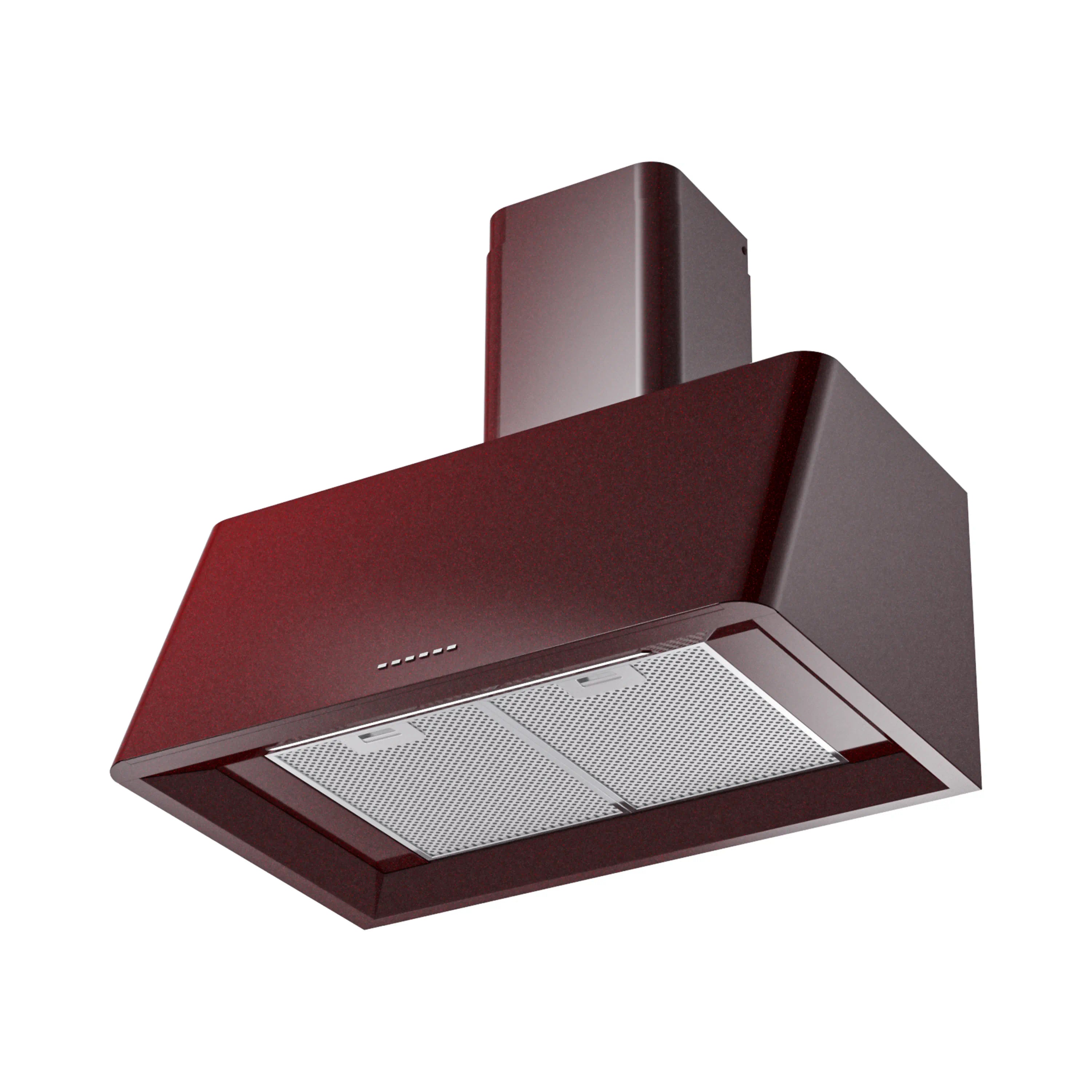 Burgundy wall-mounted range hood with chimney and recessed mesh filter panel