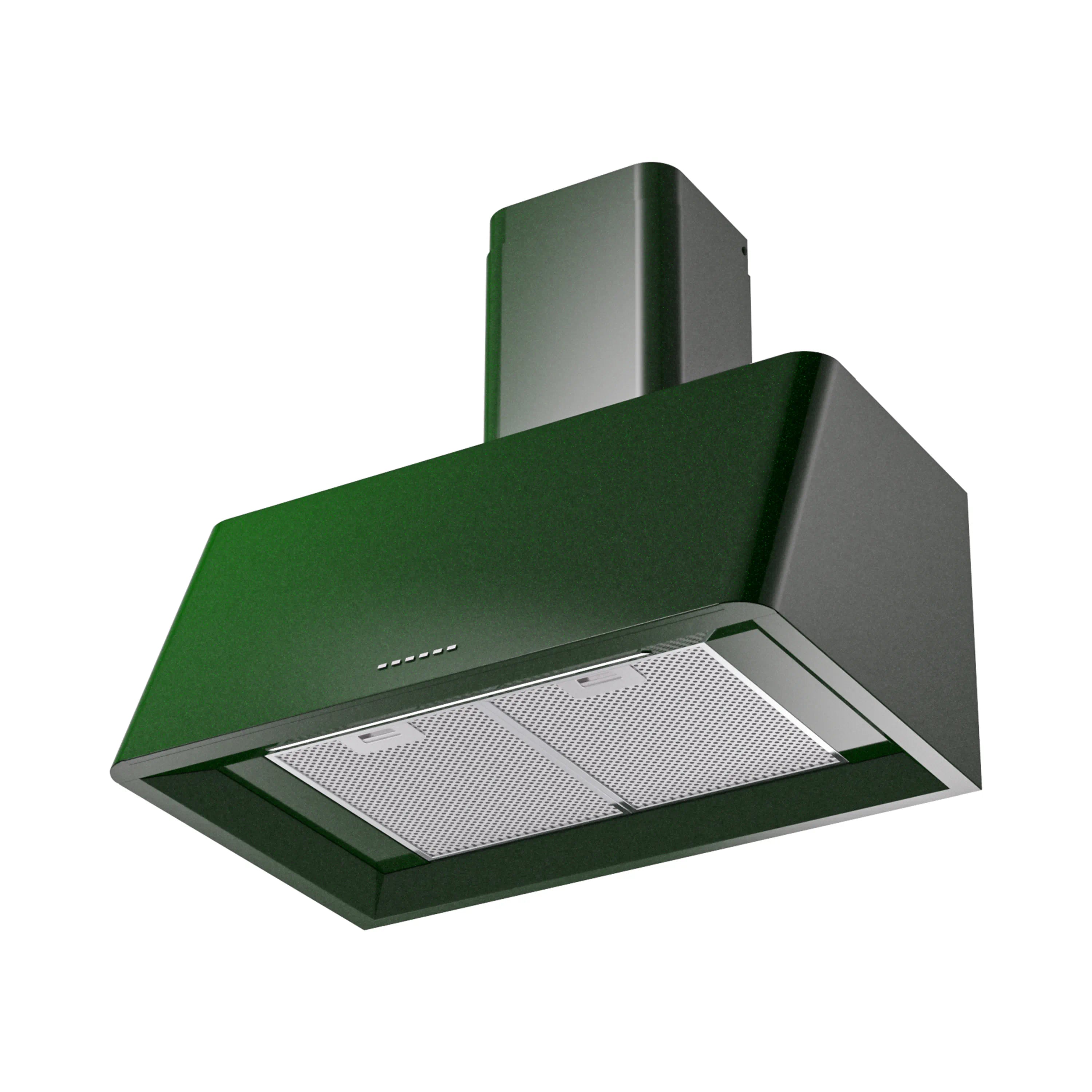 Emerald green wall-mounted range hood with mesh filter panel and chimney