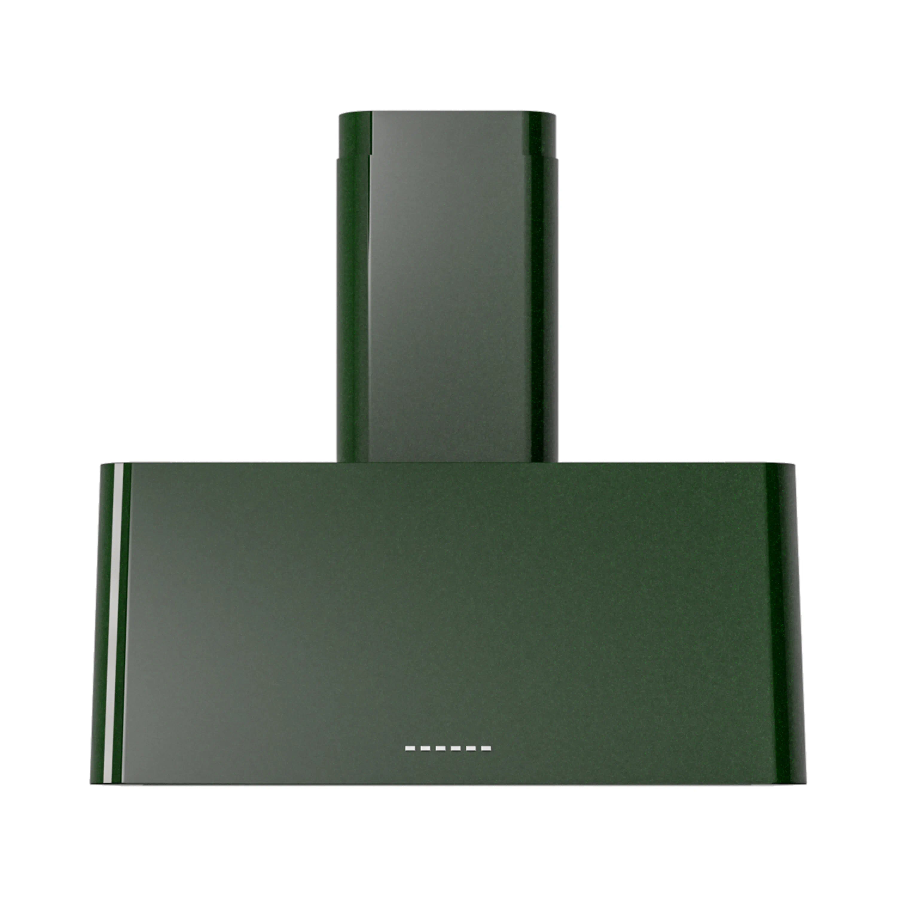 Emerald green wall-mounted range hood with tall chimney and curved canopy