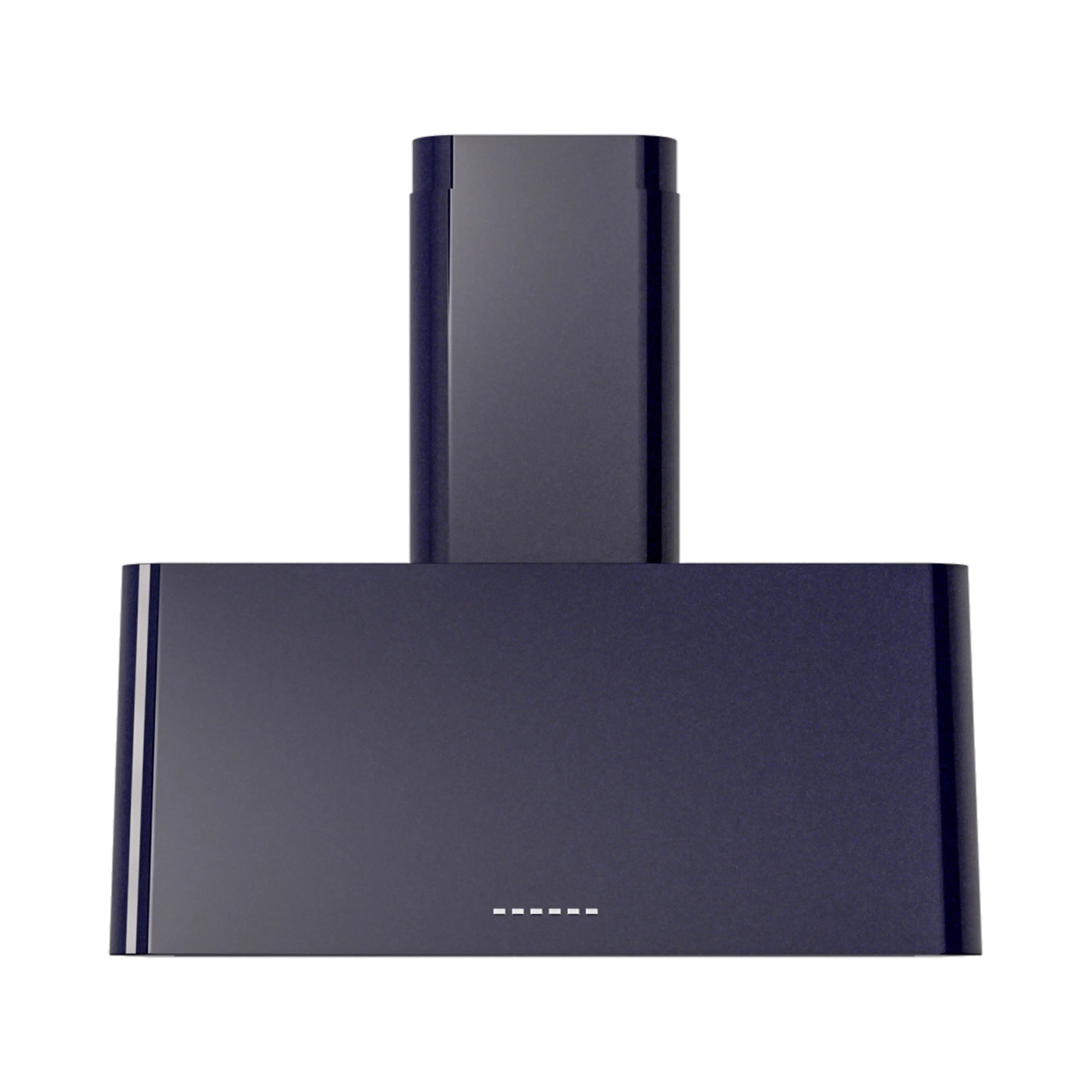 Midnight blue wall-mounted range hood with tall chimney and vented front panel