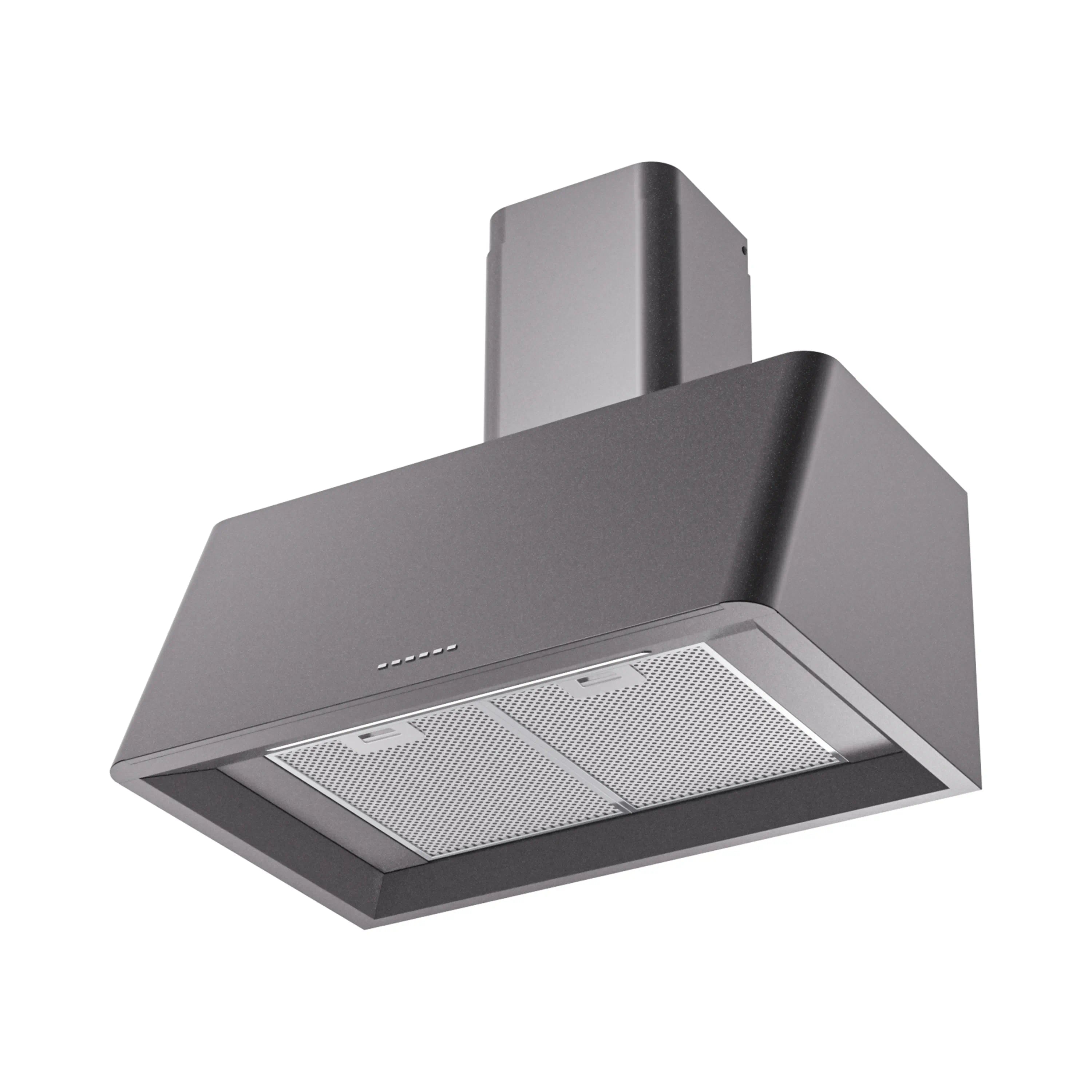 Graphite matte wall range hood with front grease filter and mesh fan cover