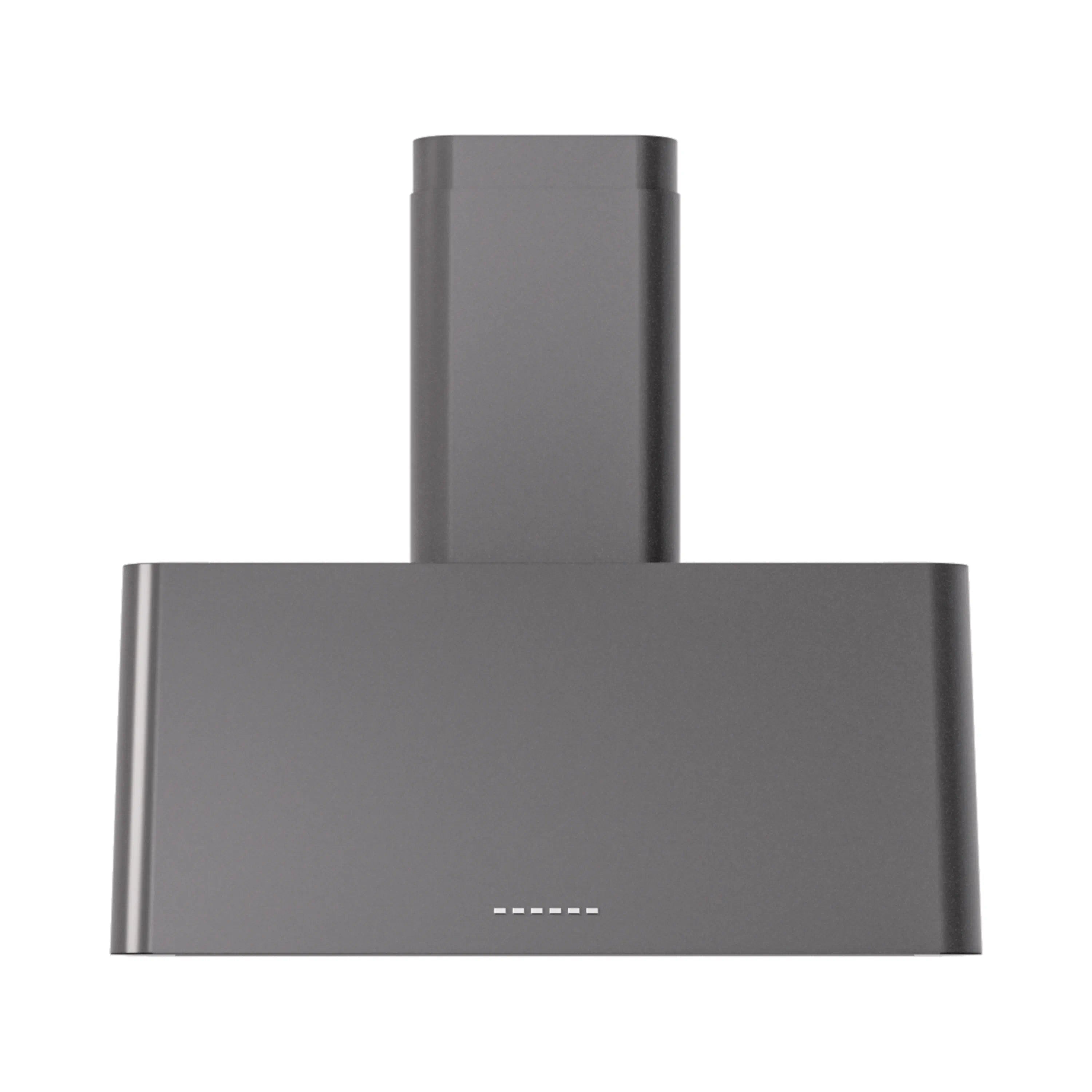 Graphite matte wall-mounted range hood with vertical chimney and vent panel