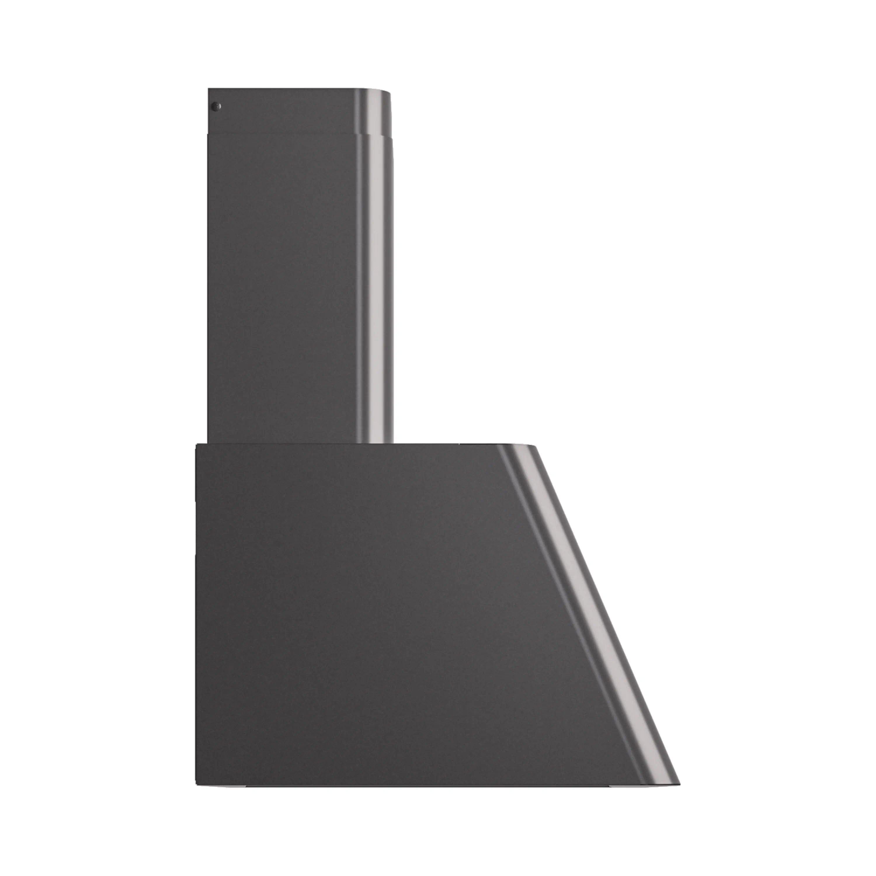 Graphite matte wall-mounted range hood, angled chimney and side intake panel
