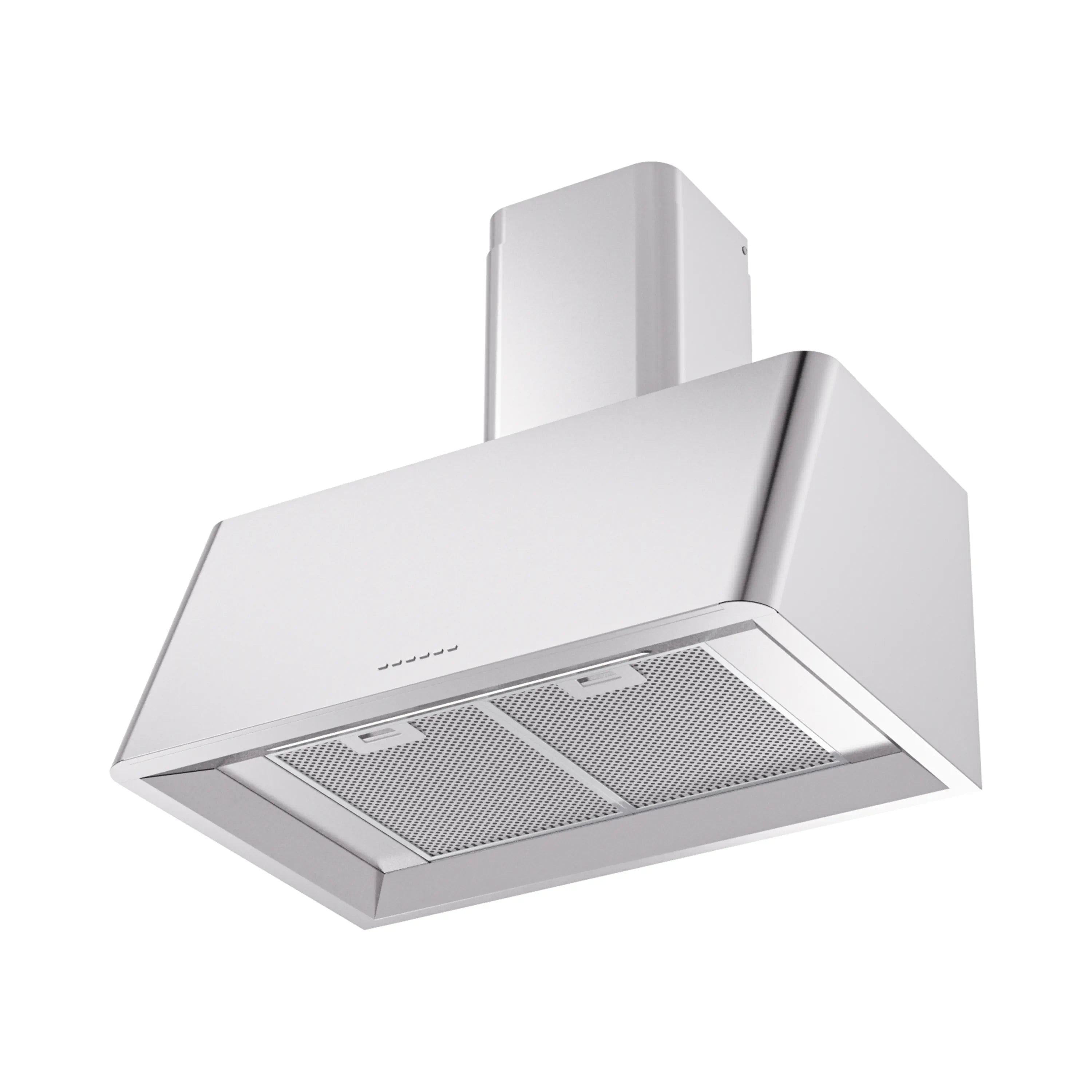 Stainless steel wall mounted range hood with mesh filter panel and vent chimney
