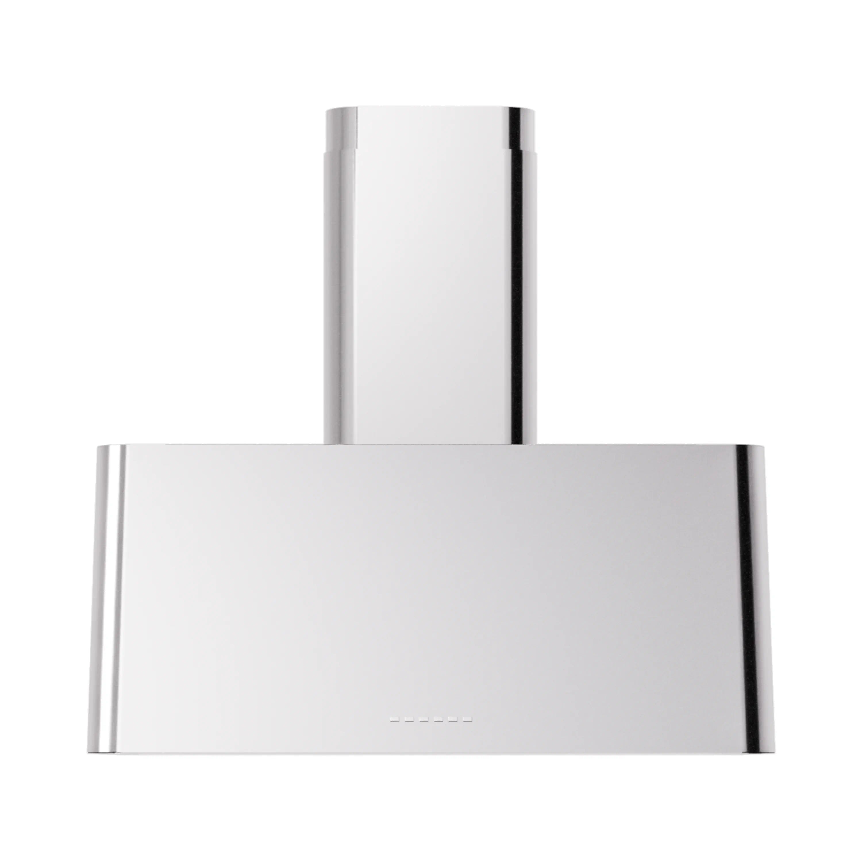 Stainless steel wall range hood close-up with smooth front panel and vertical chimney