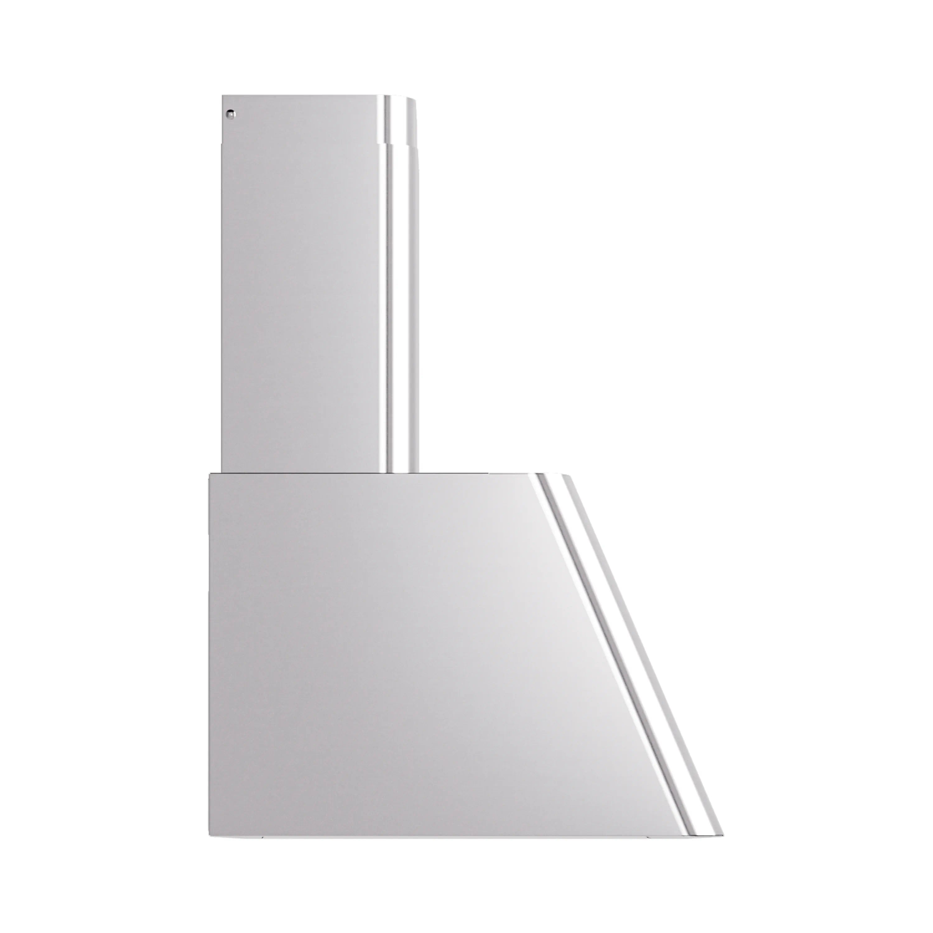 Stainless steel wall range hood angled view with chimney and slanted front housing