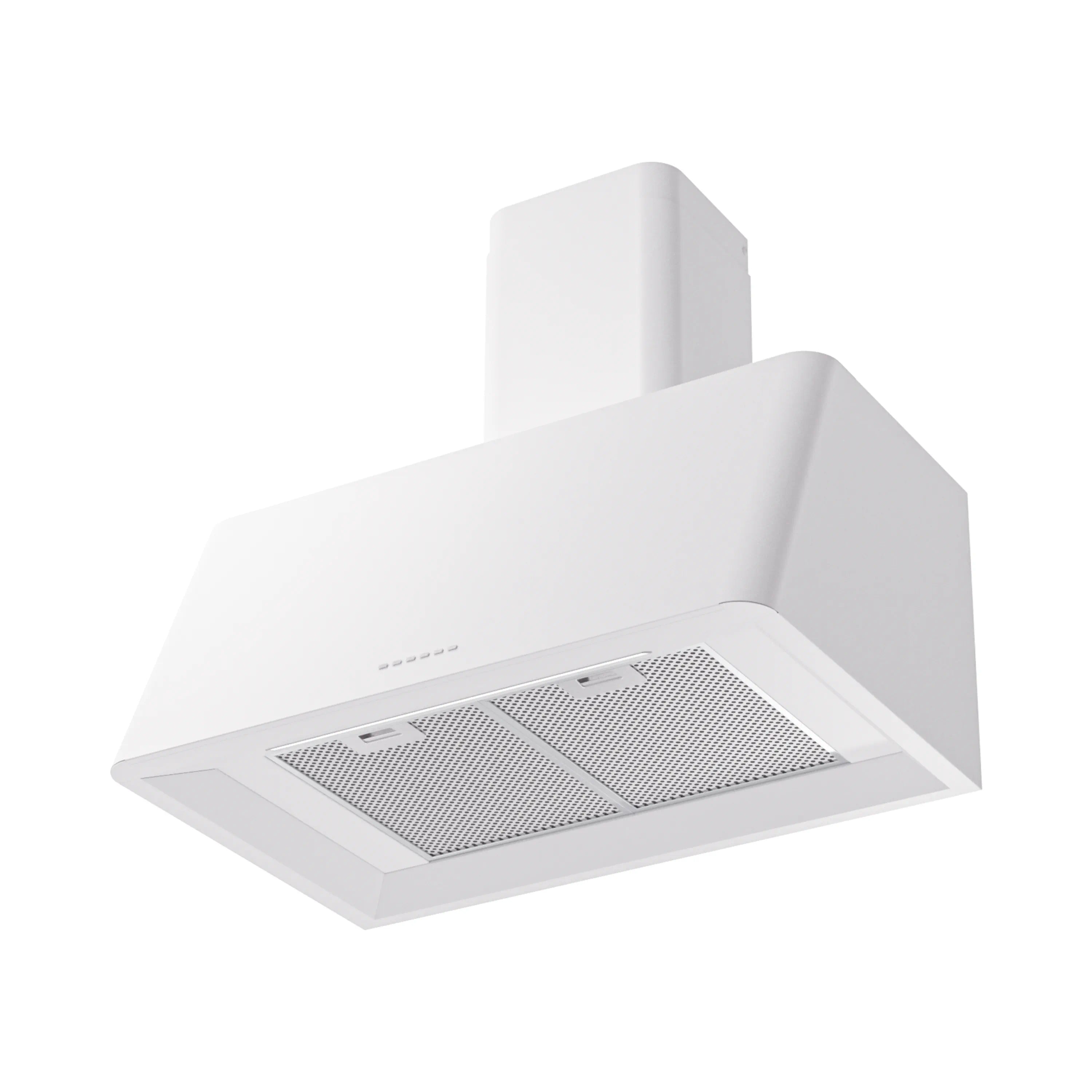 White wall-mounted range hood with vent grille and mesh grease filter panel