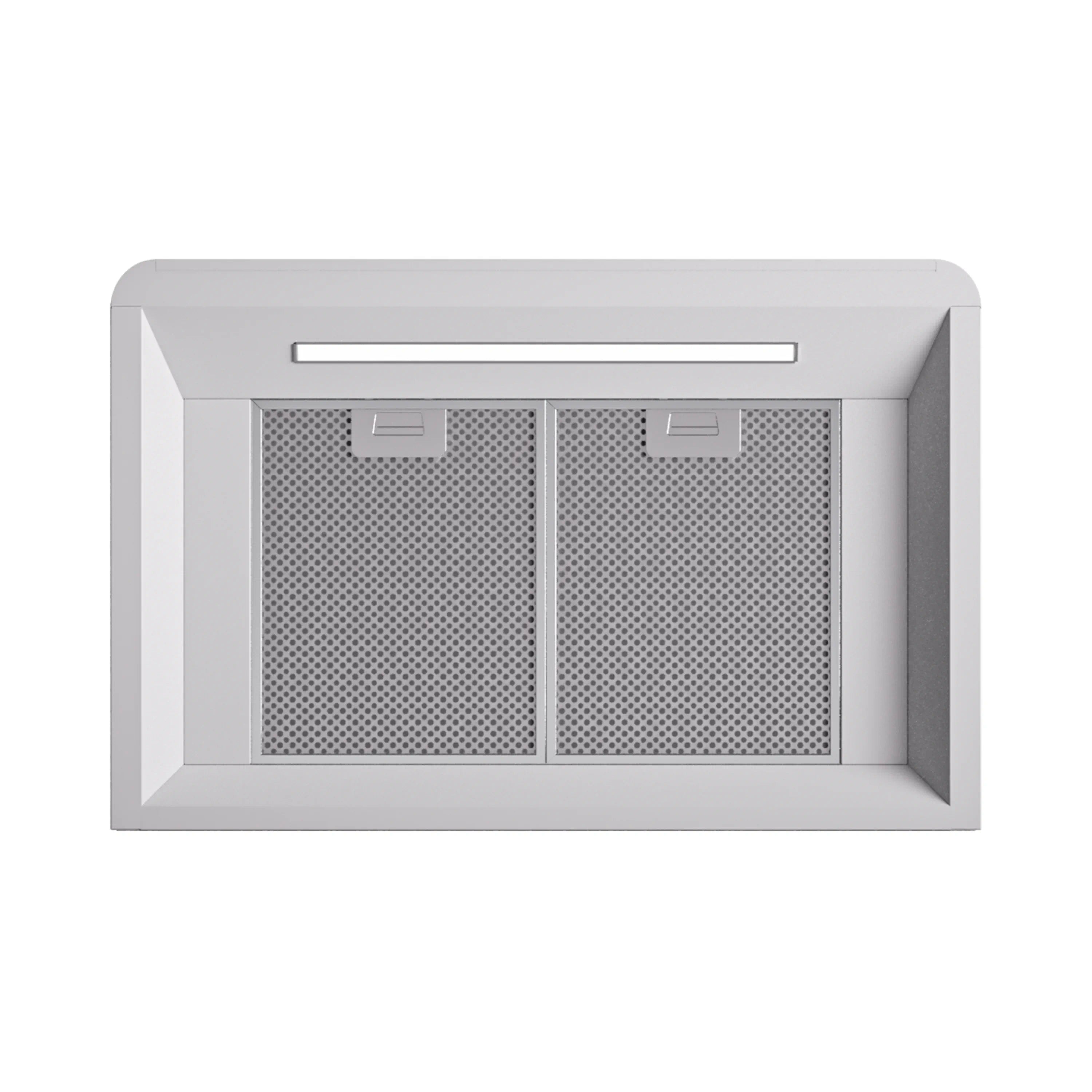 White wall-mounted range hood with two mesh grease filters and slim light bar