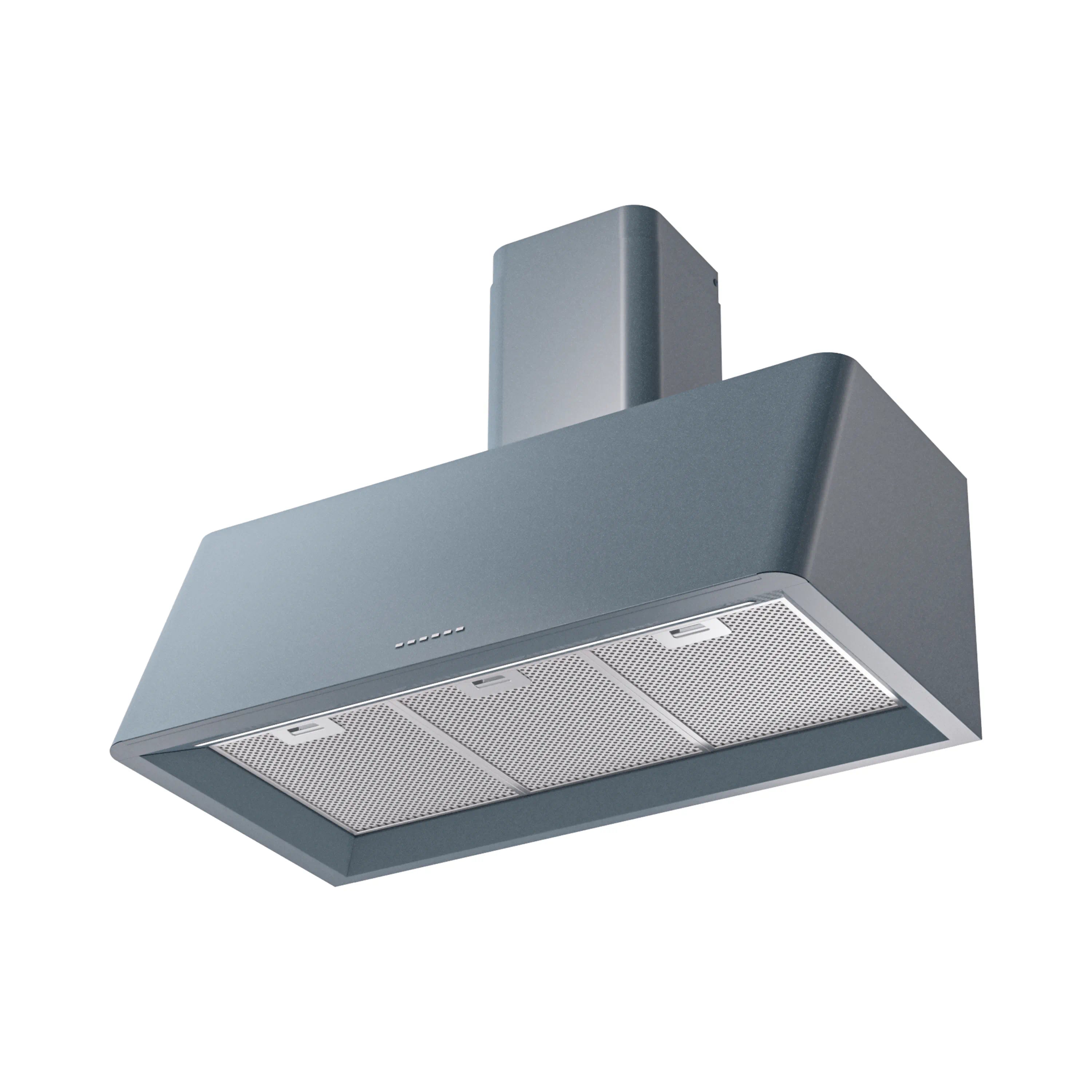 Blue grey wall-mounted range hood with visible grease filters and vented hood underside