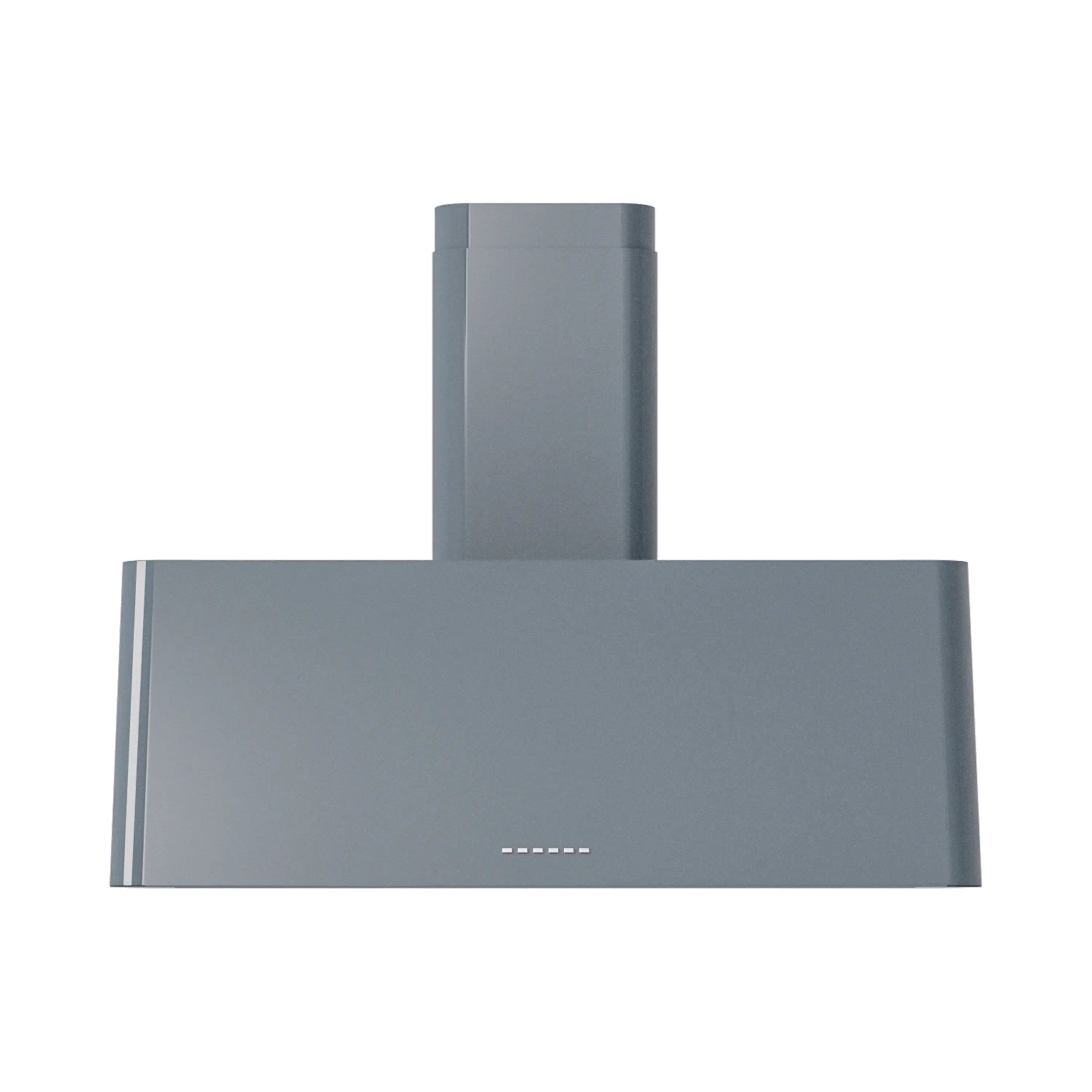 Wall-mounted range hood in blue grey with vertical chimney and front control lights
