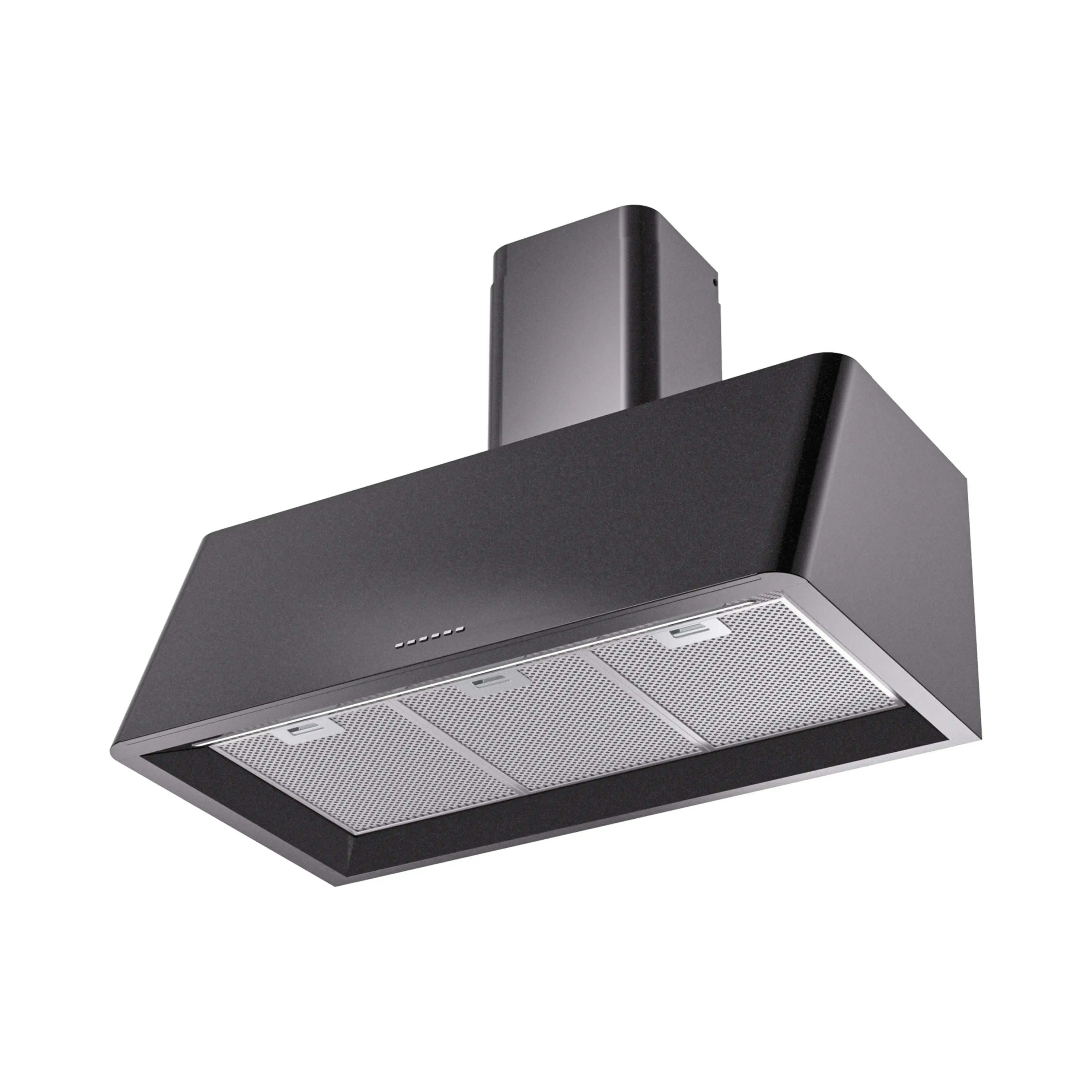 Glossy black range hood canopy with two metal grease filters and vented grille
