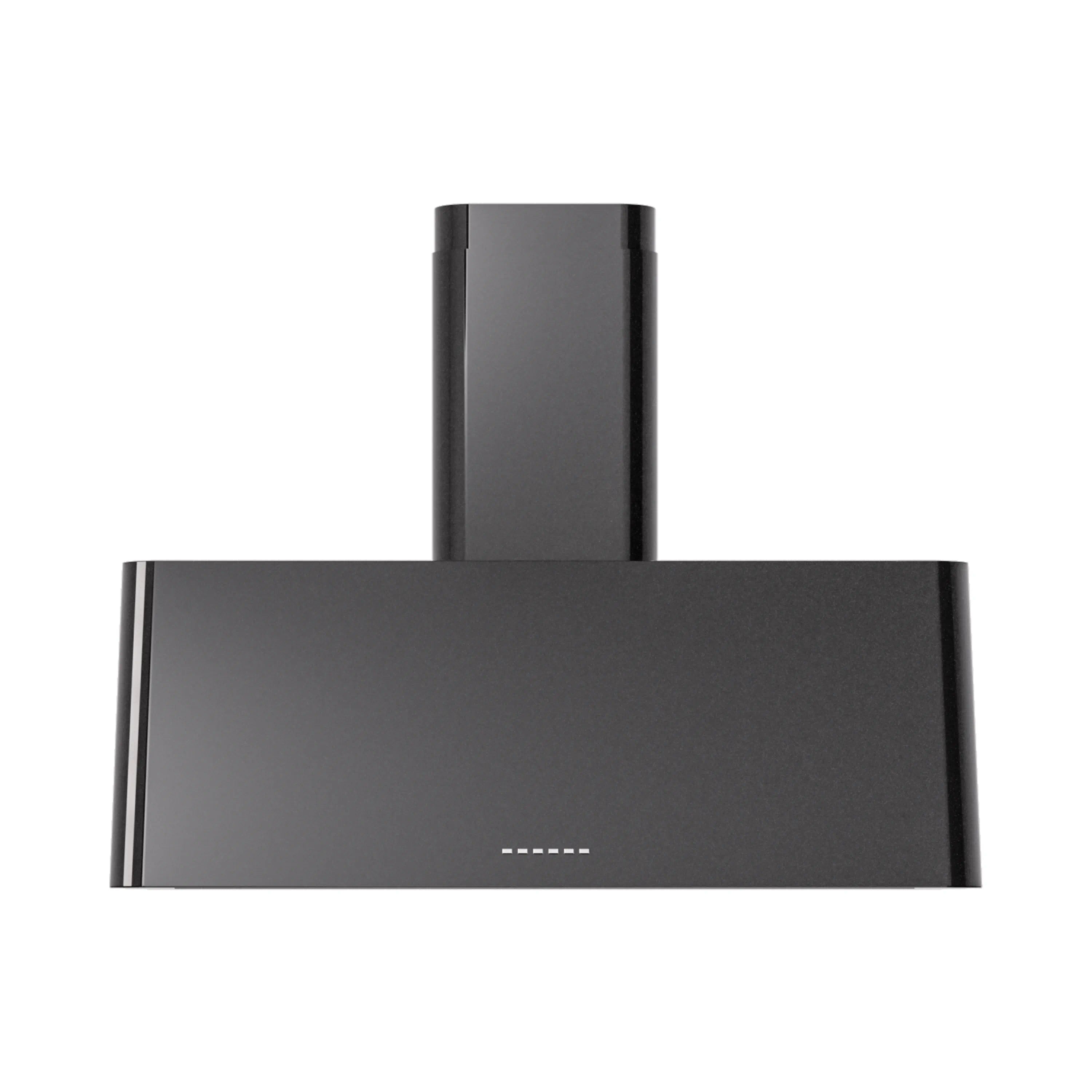 Glossy black wall-mounted range hood with vertical chimney and wide canopy