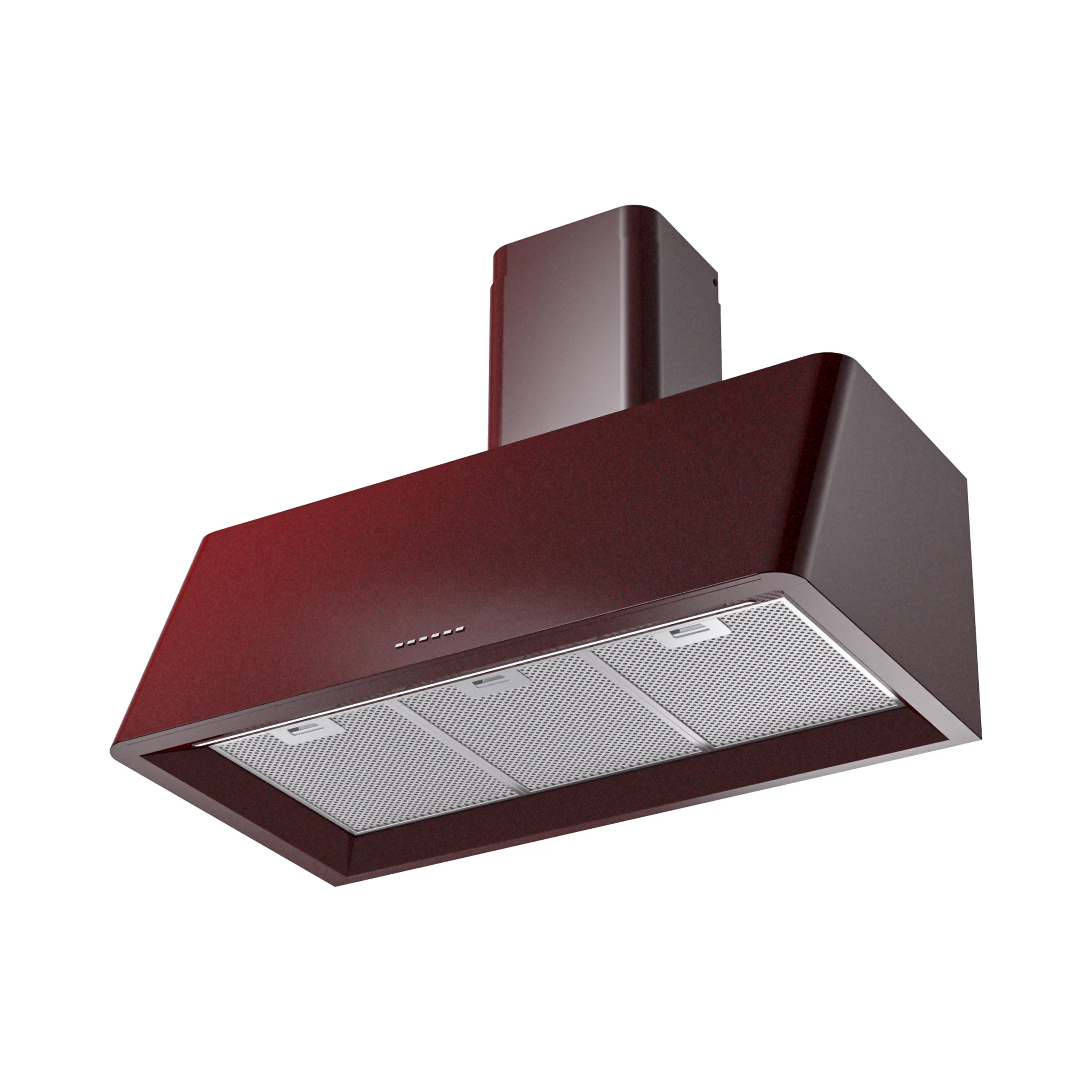 Burgundy wall range hood with mesh filters and chimney vent duct