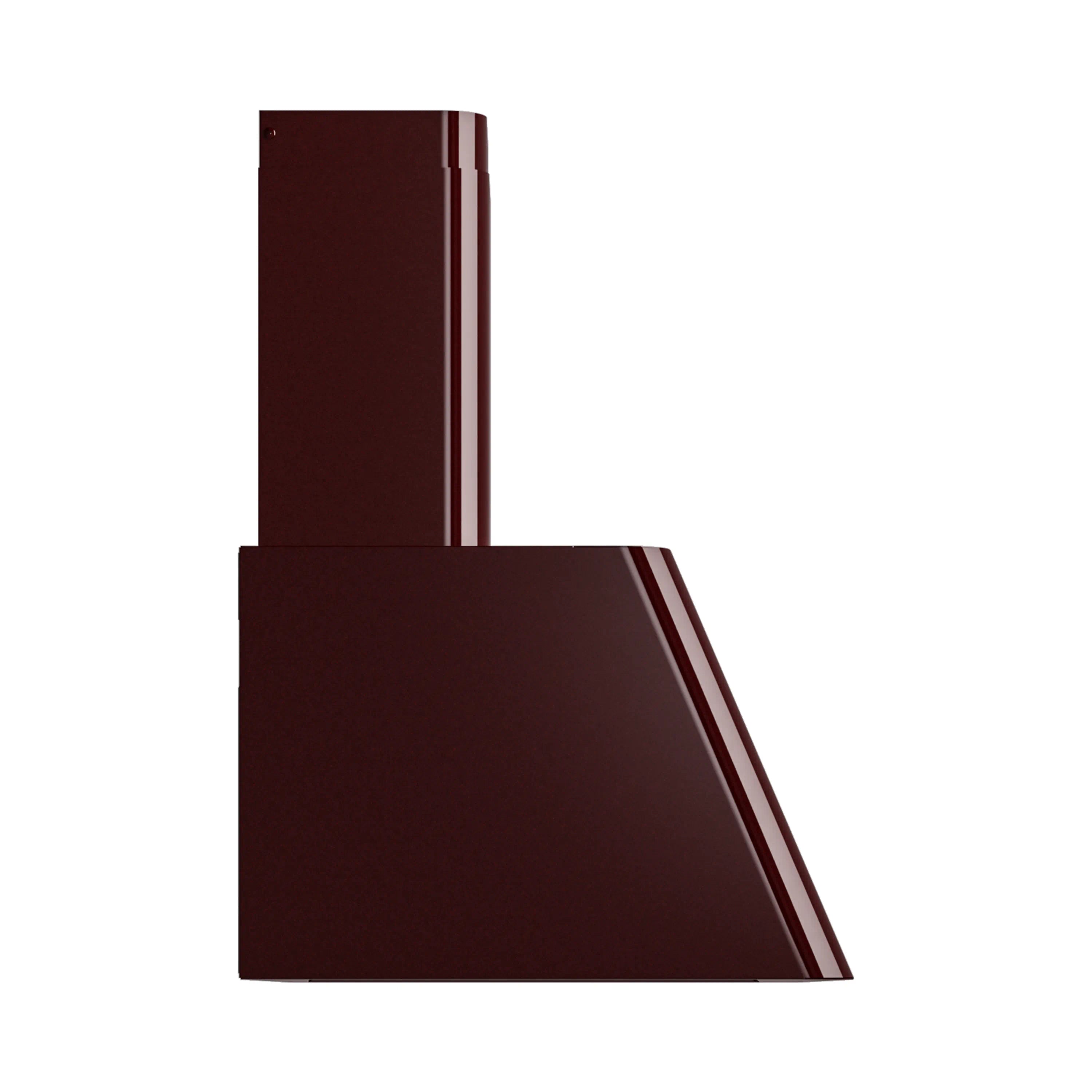 Burgundy wall-mounted range hood with angled chimney and side panel trim