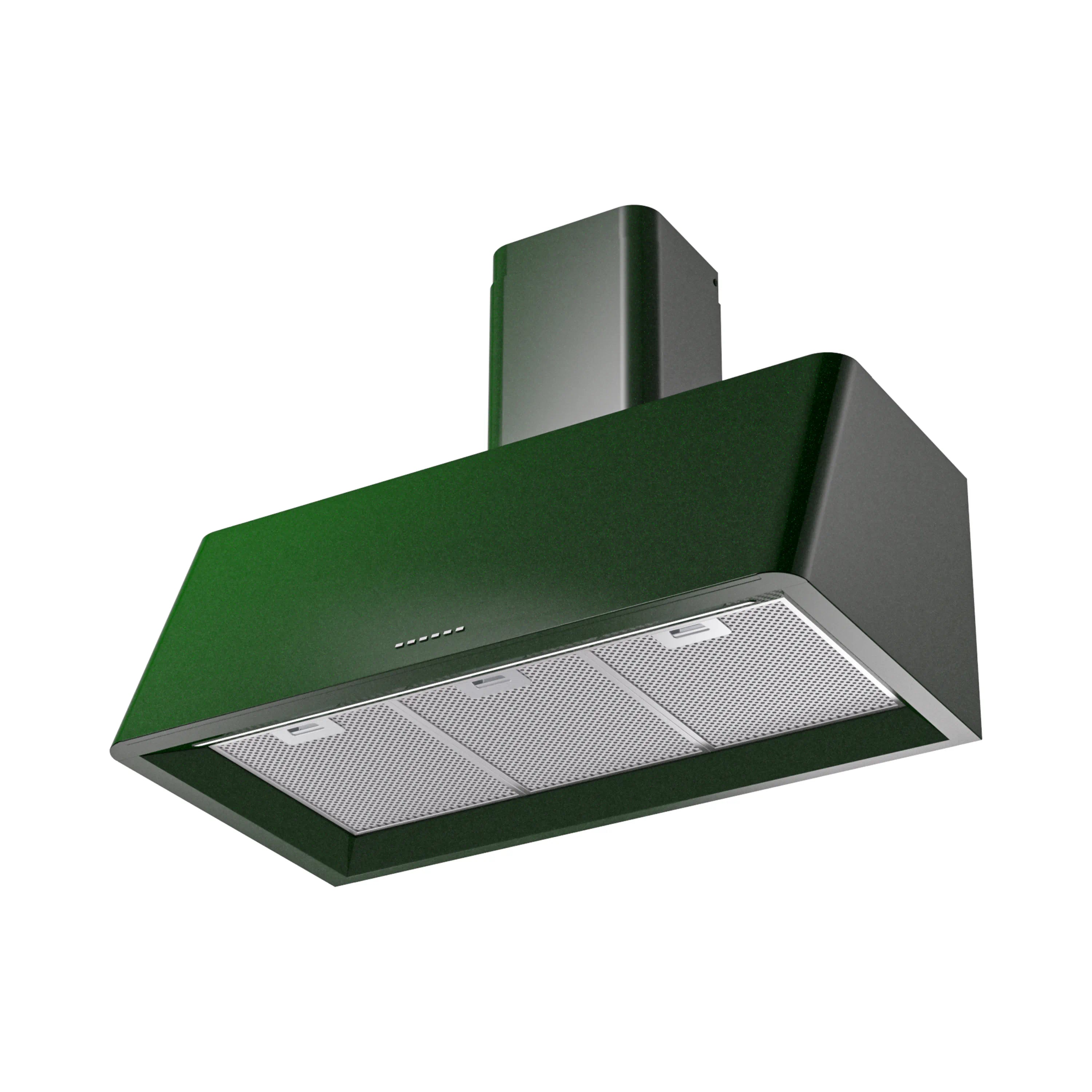 Emerald green wall-mounted range hood with two metal mesh grease filters