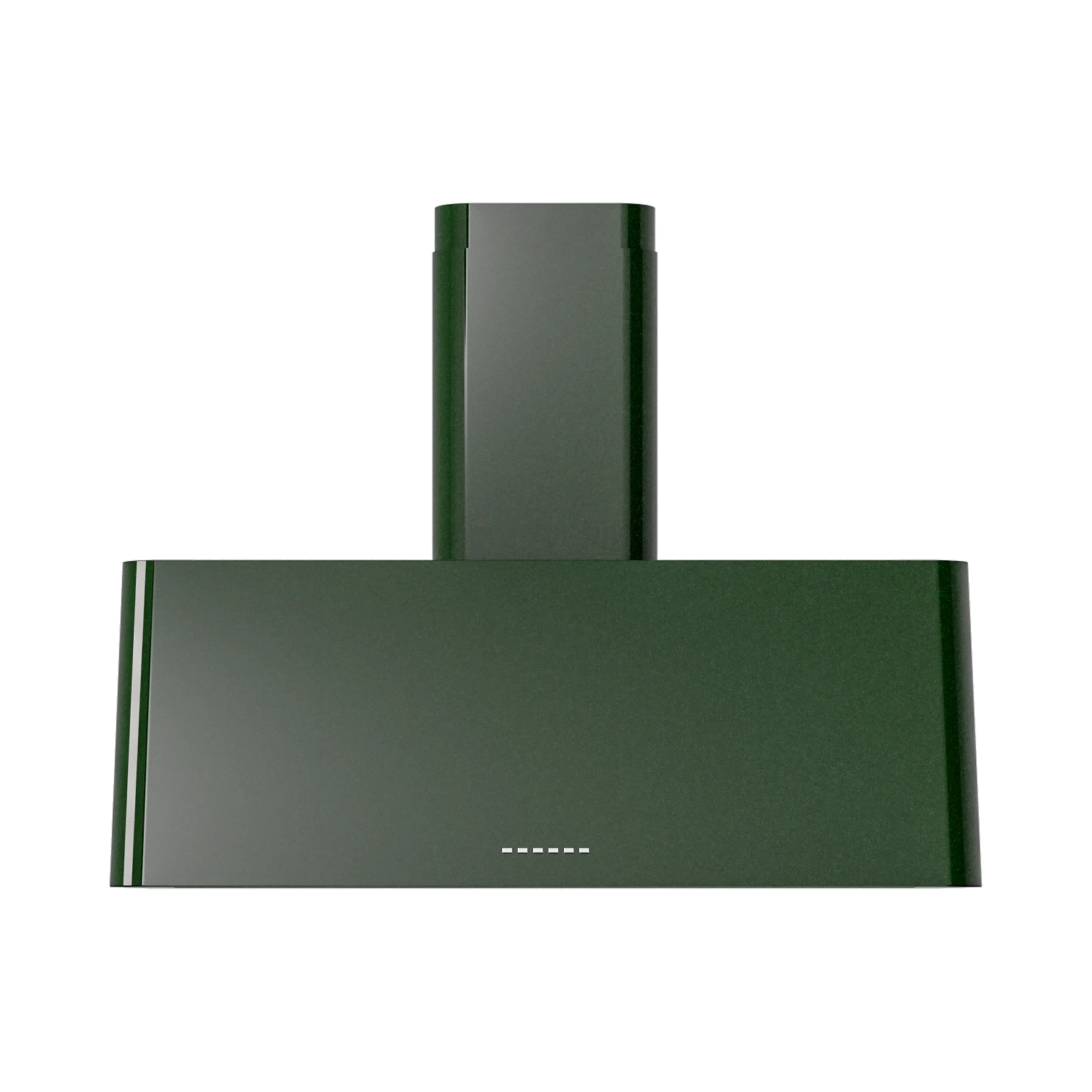 Emerald green wall-mounted range hood with vertical chimney and wide back panel