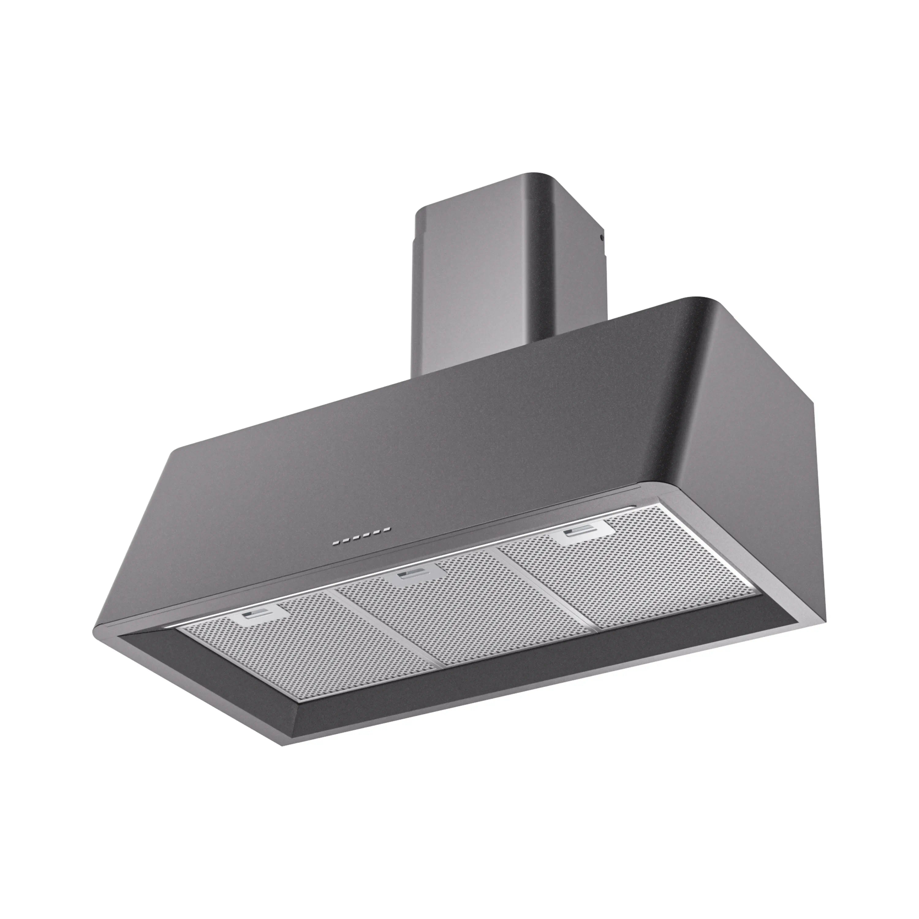 Chimney wall range hood in matte graphite with mesh filter panels on underside.