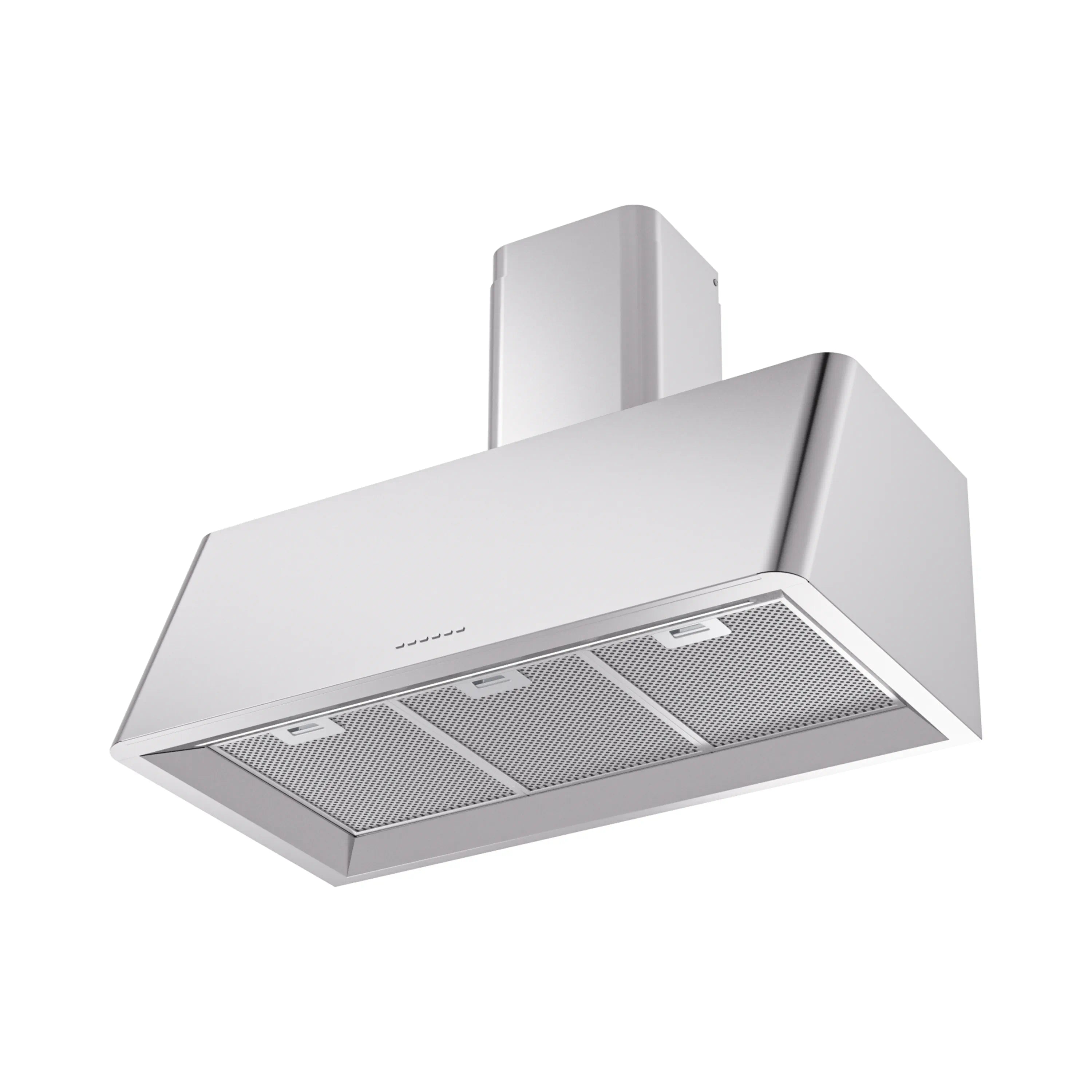 Stainless steel wall range hood with mesh filter panels and recessed control strip