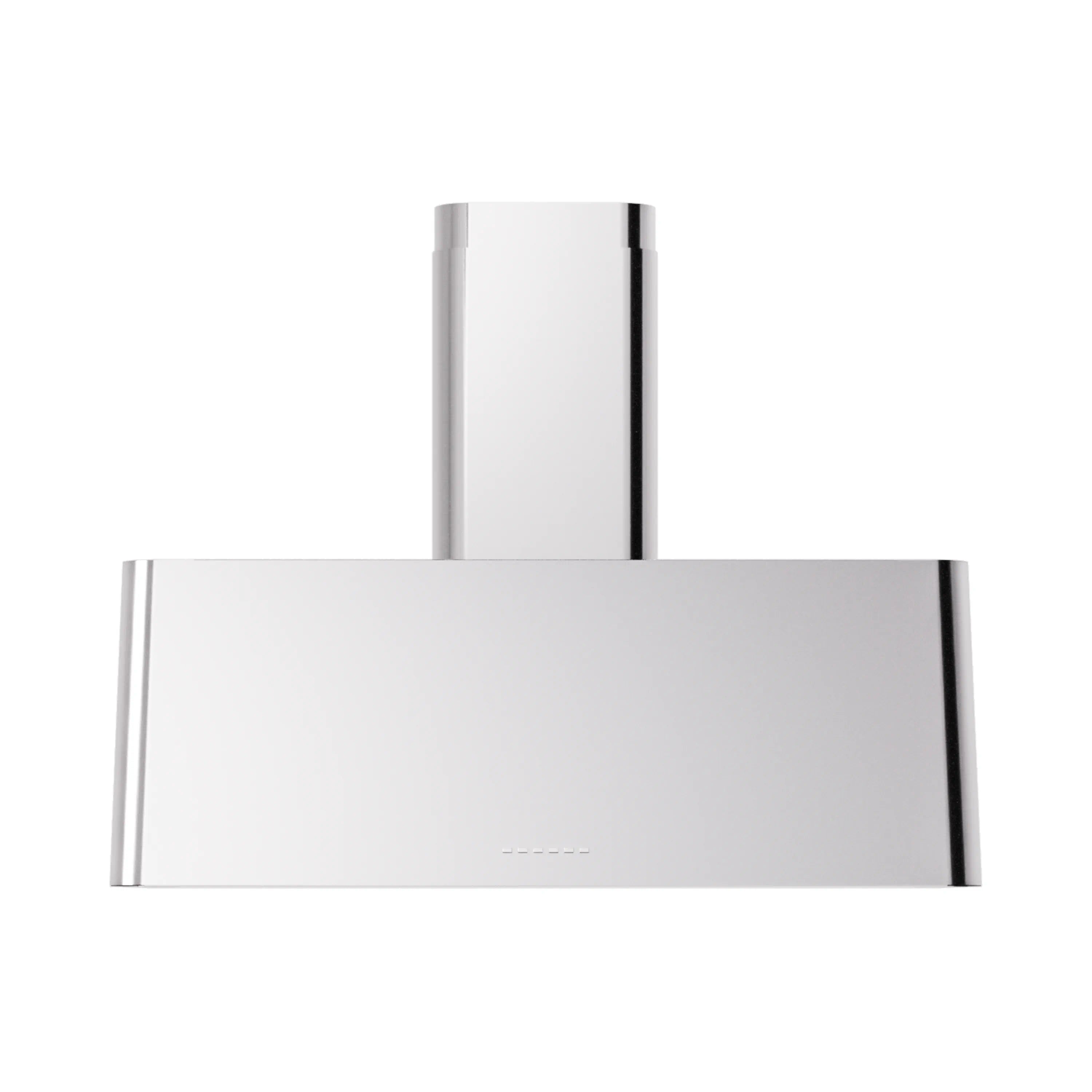 Wall-mounted stainless steel range hood front view with vertical chimney and smooth back panel