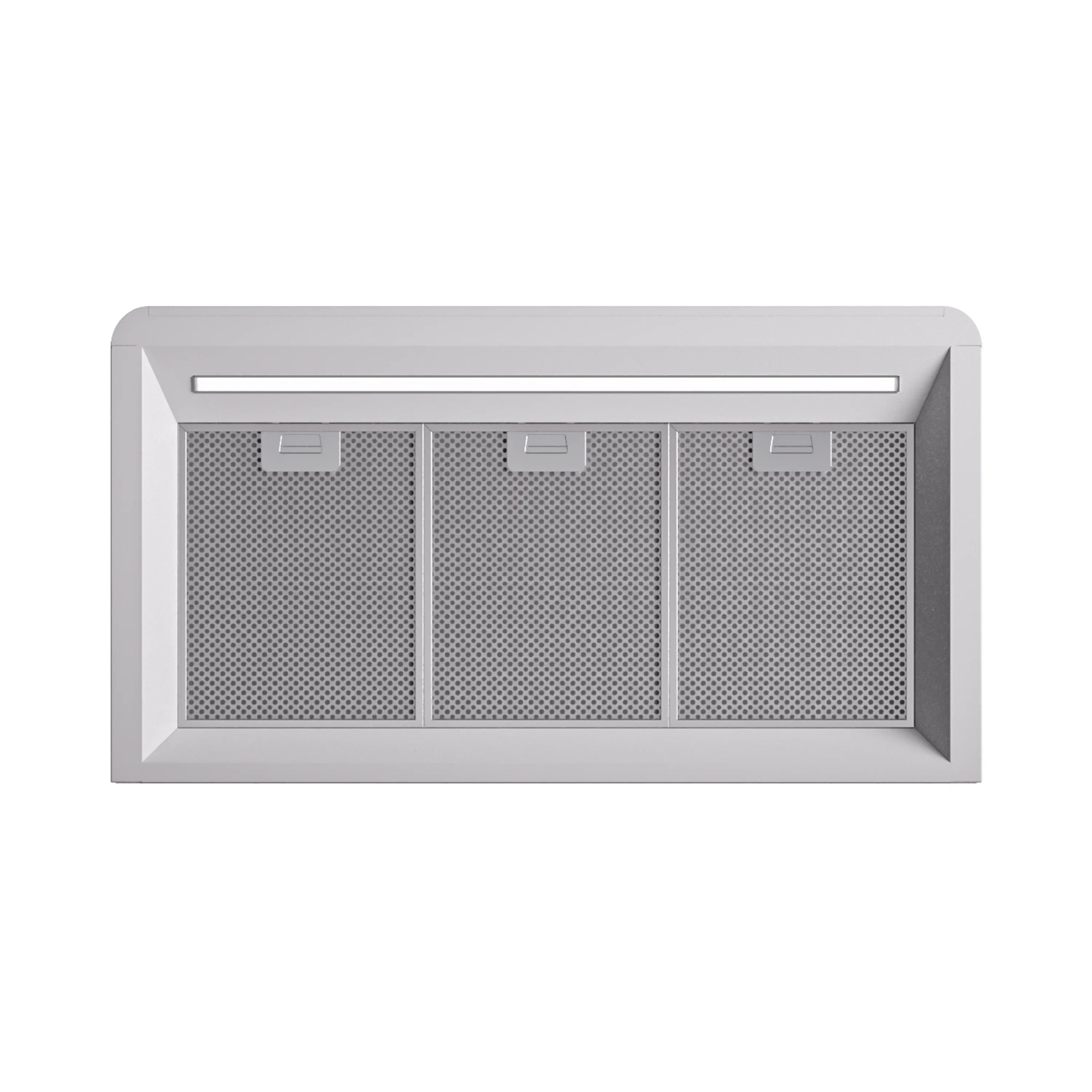 White range hood front panel showing three mesh grease filters and control shutters