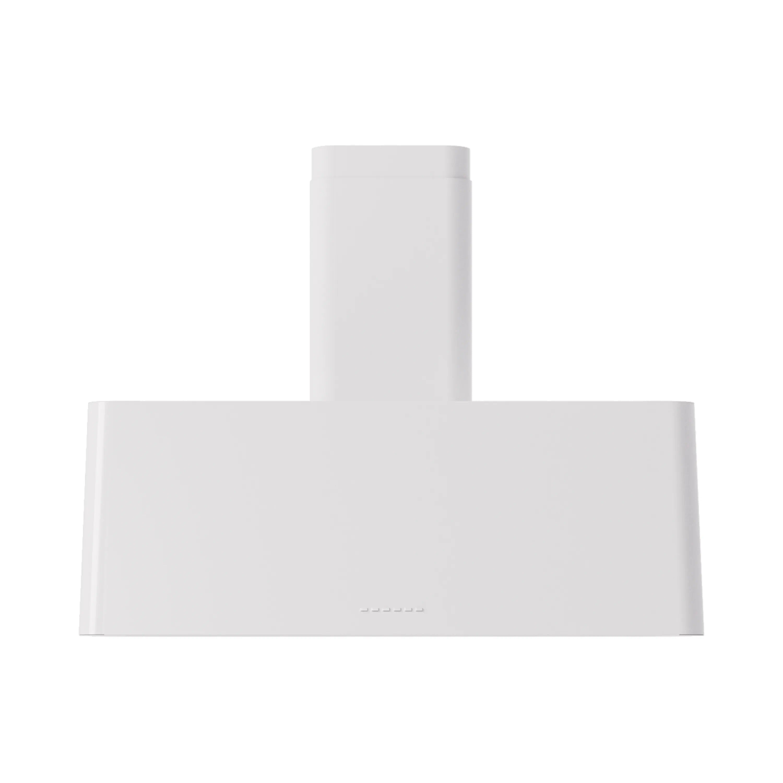 White wall-mounted range hood front view with vertical chimney stack and vents
