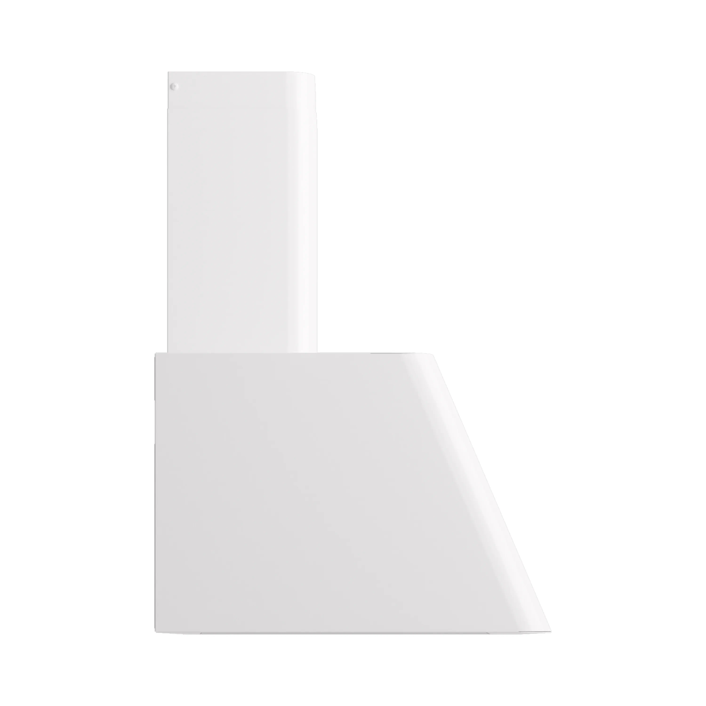 White wall-mounted range hood, angled side view with chimney stack