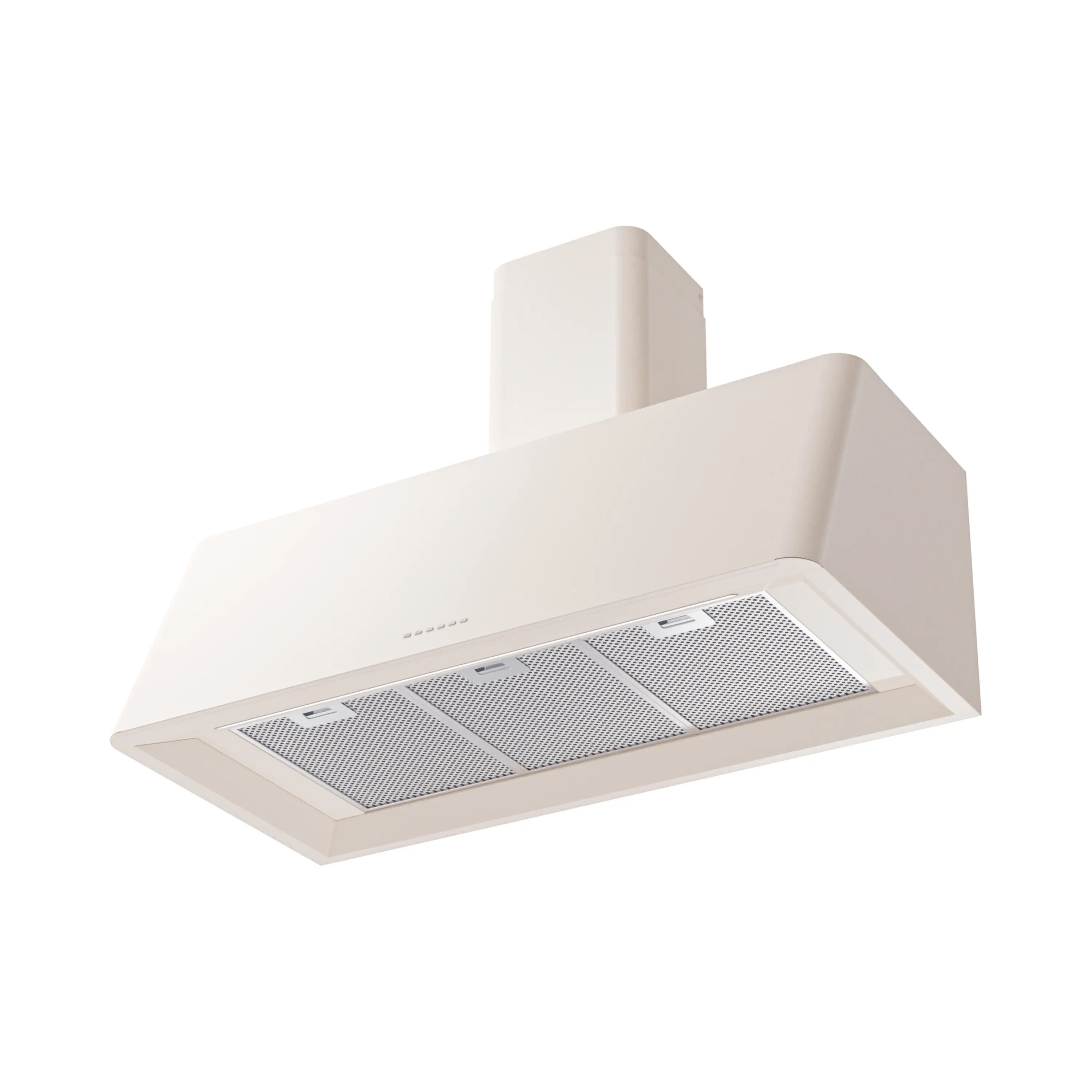 Antique white wall-mounted range hood with two metal mesh filters and chimney