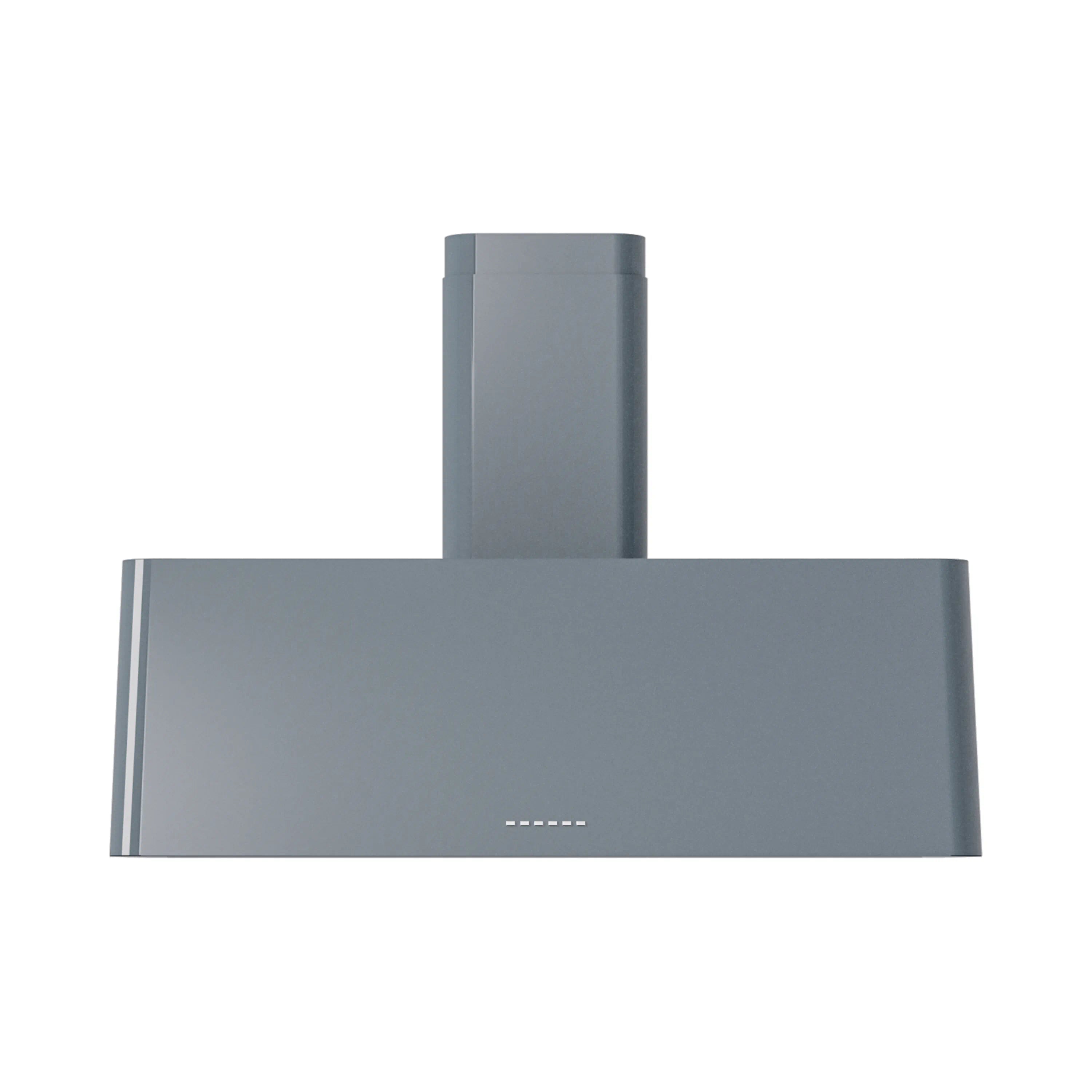 Blue grey wall-mounted range hood with chimney stack and center control LEDs