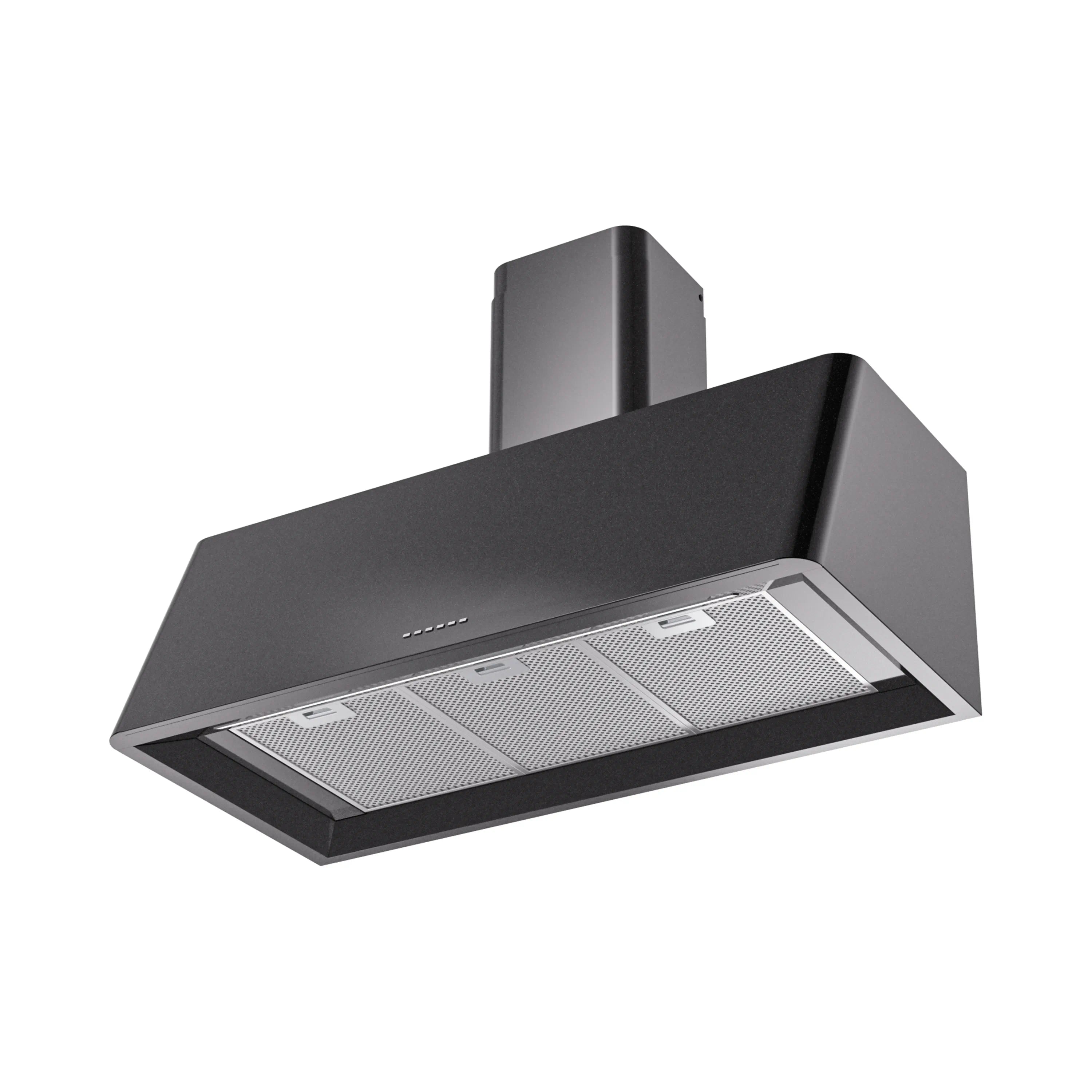 Glossy black wall-mounted range hood with stainless baffle filters