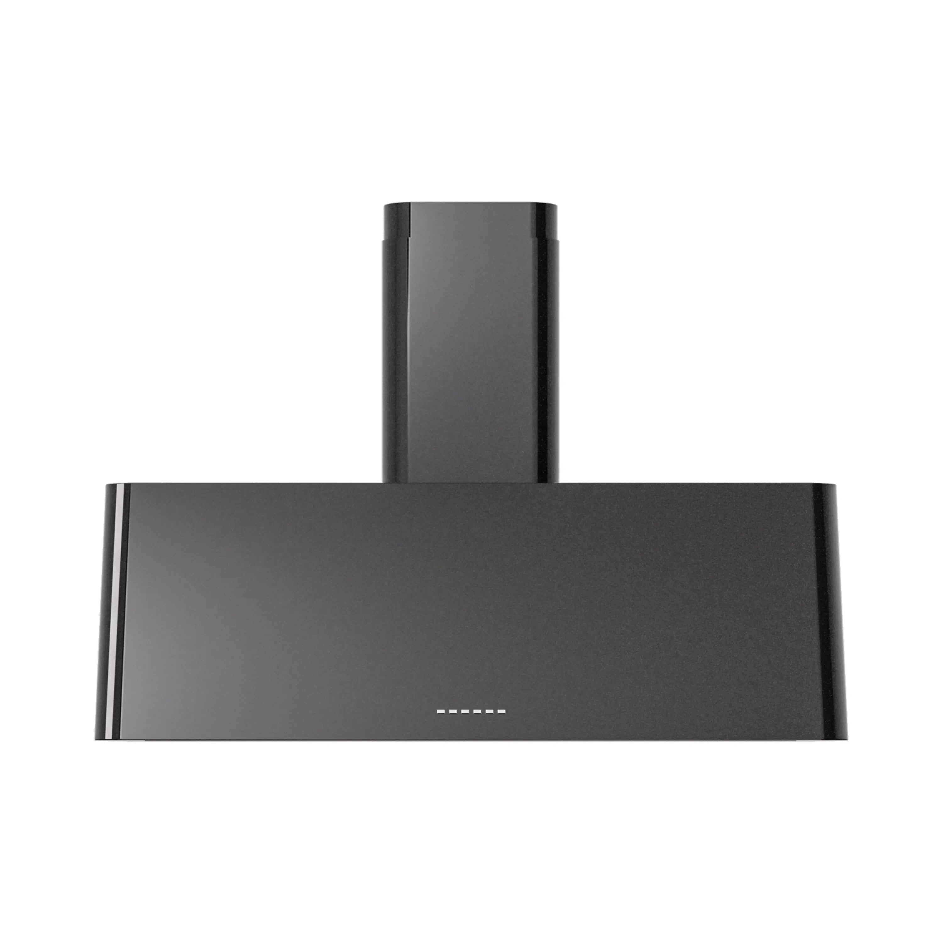 Glossy black wall range hood, chimney vent and control indicator dots
