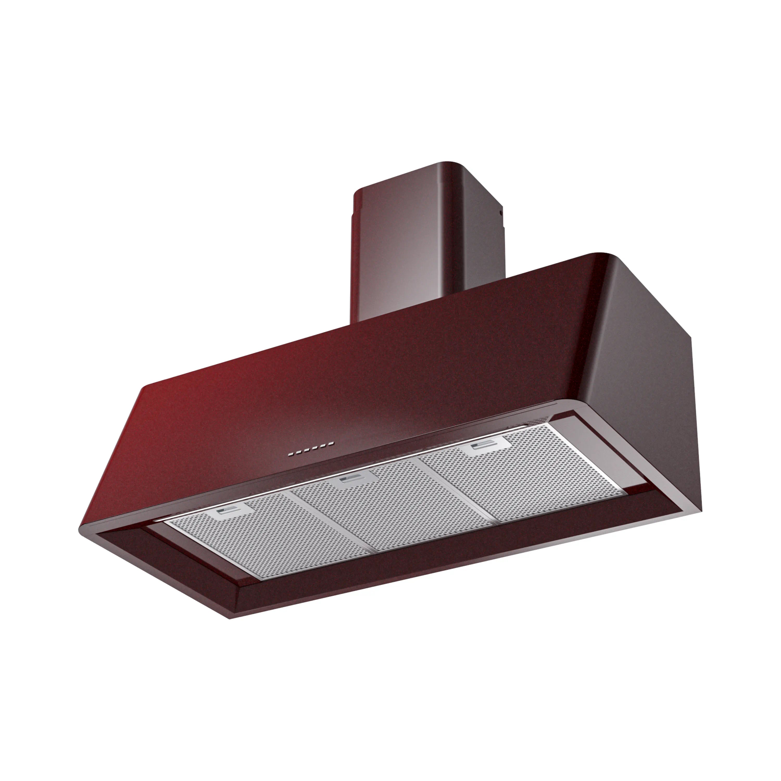 Burgundy wall-mounted range hood with chimney and two metal mesh filters