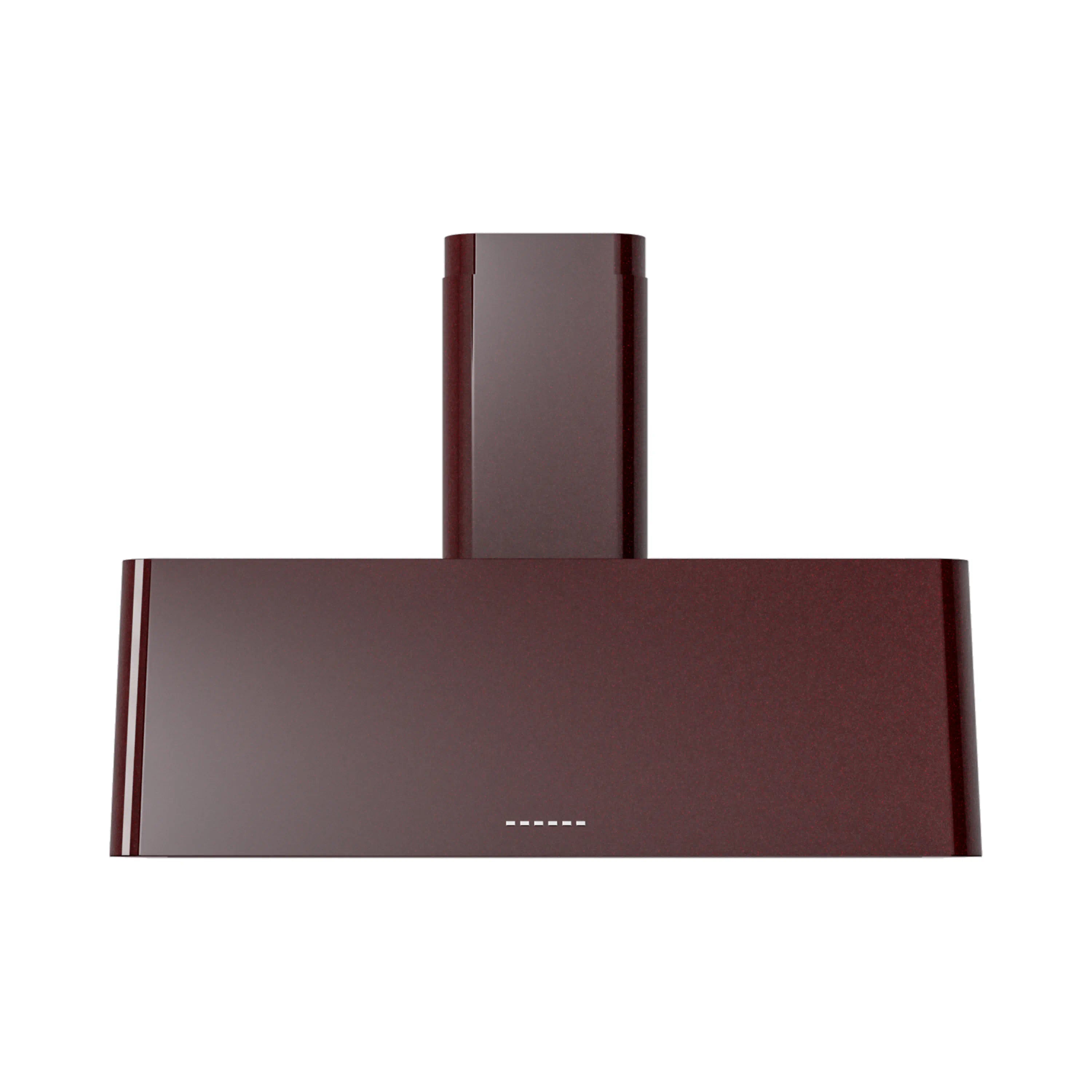Burgundy wall-mounted range hood front view with vent grille and chimney