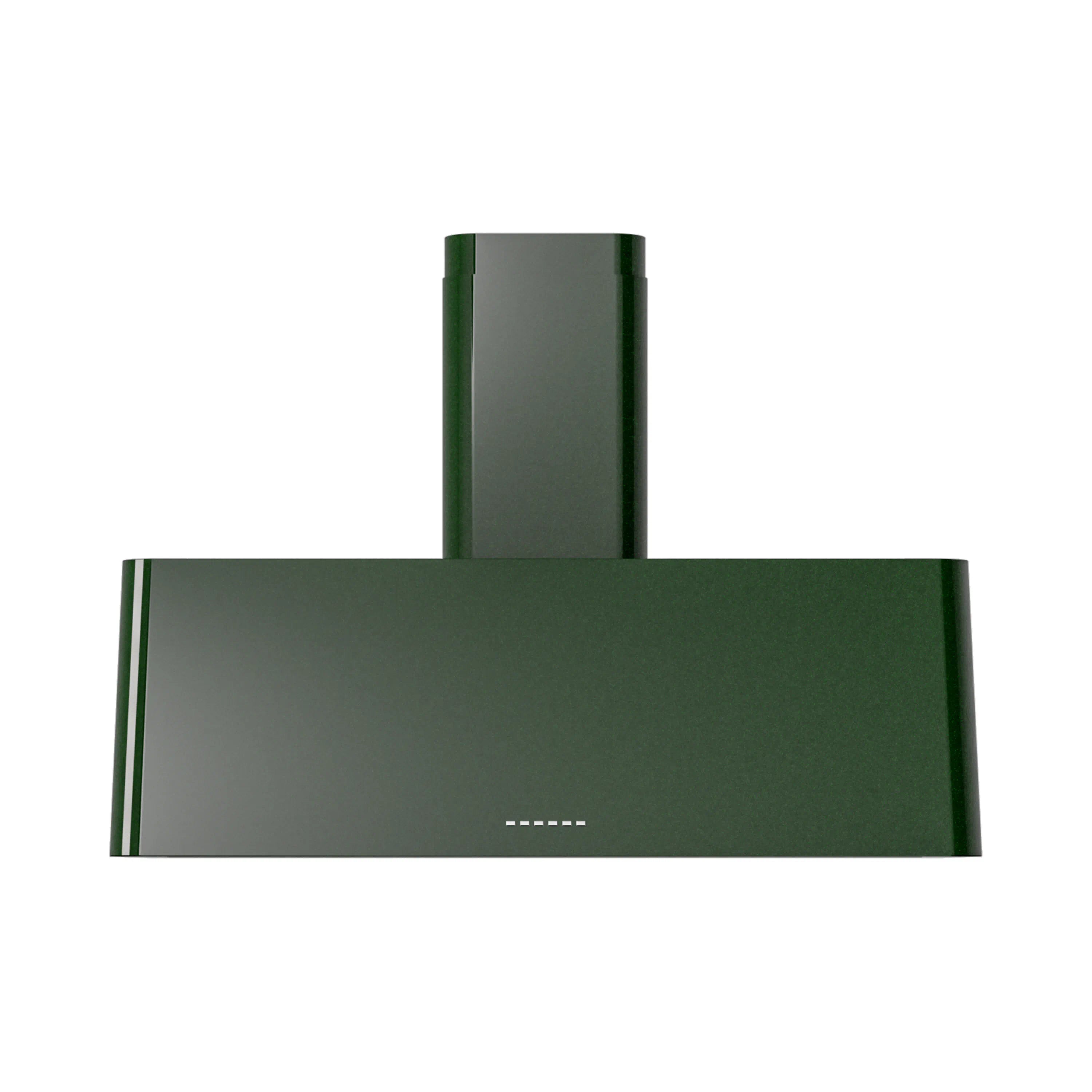 Emerald green wall-mounted range hood with centered chimney and front control dots.