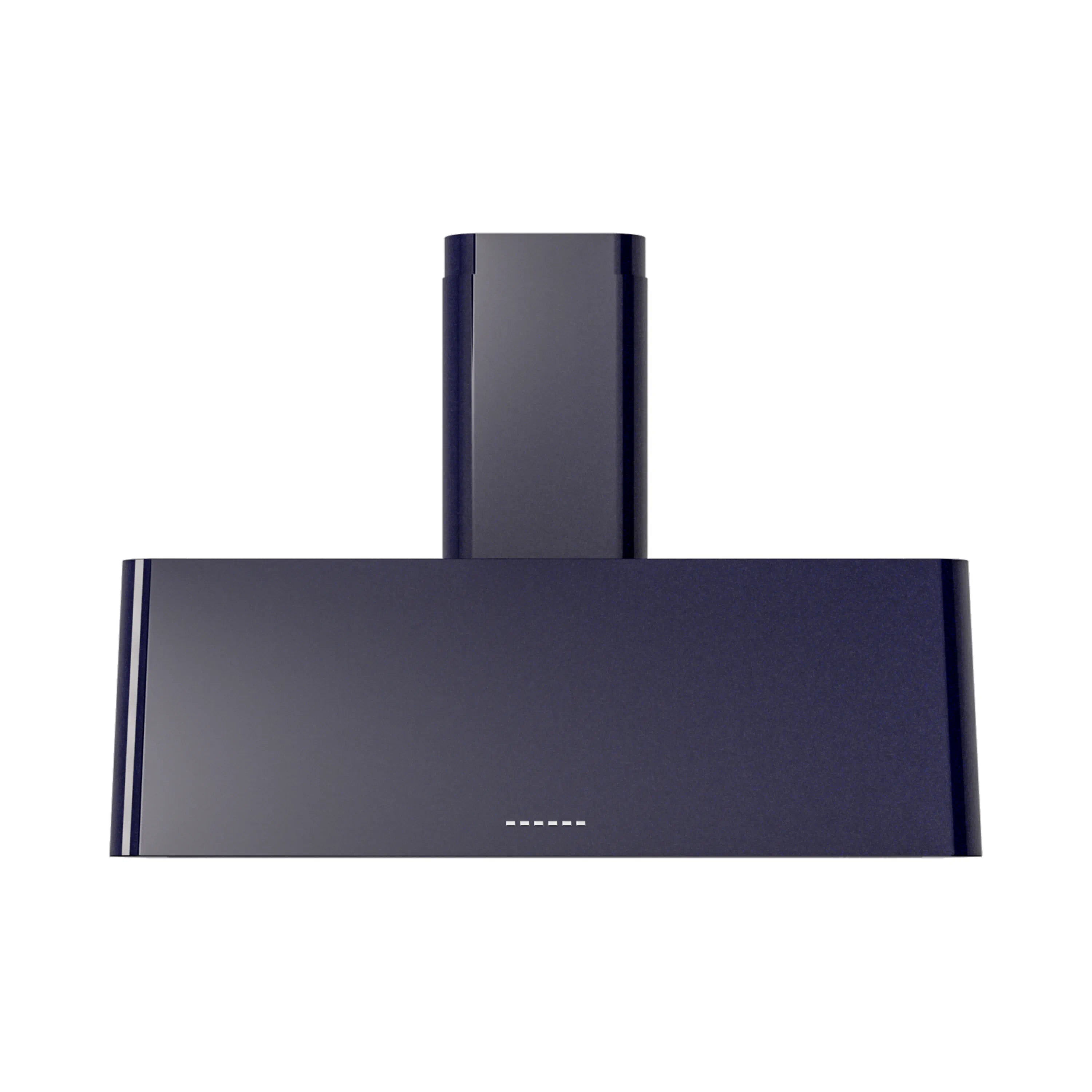 Midnight blue wall-mounted range hood, front view with chimney and control vent strip.